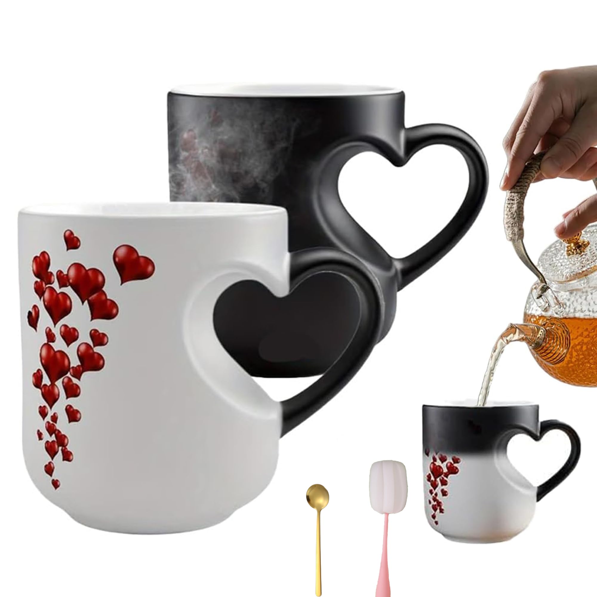 330 ml kubek ceramiczny z uchwytem w kształcie serca – magiczny kubek na kawę i herbatę, romantyczny kubek miłosny, prezent na Walentynki (2, czarny)