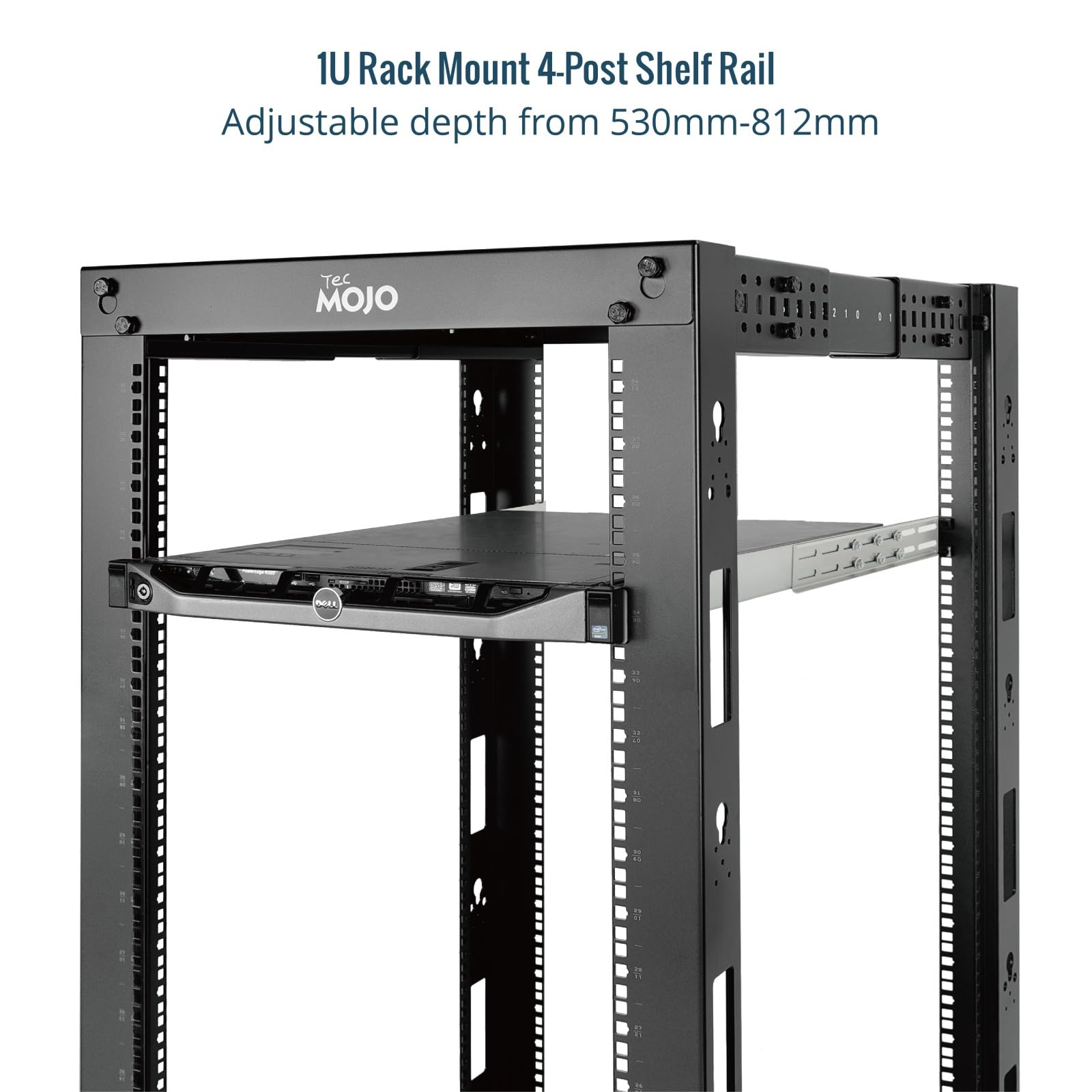 Tecmojo Rails de Rack 1U, Étagère de Rack à 4 Montants, Étagère de Montage en Rack à Glissières avec Profondeur Réglable de 530mm à 812mm, Capacité de Charge de 54kg, Argenté