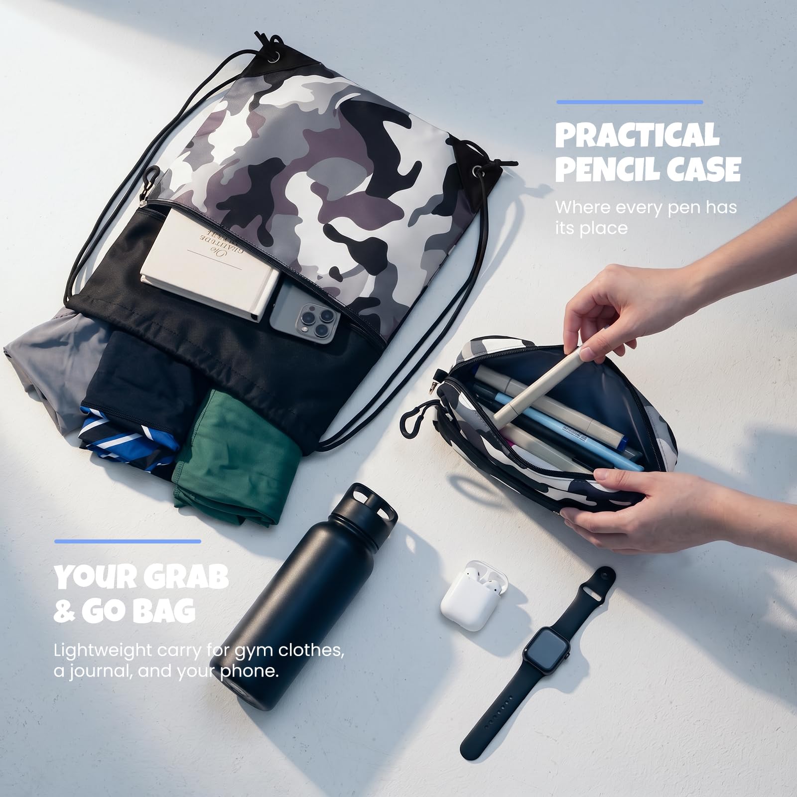 Amythe Schulrucksack-Set Jungen – 3-teilig ab Klasse 5, zum Schulanfang | Set: Rucksack Teenager + Drawstring-Bag + Federmäppchen. Leicht (650g). Wasserabweisend. 15,6" Laptopfach. Trolley-kompatibel