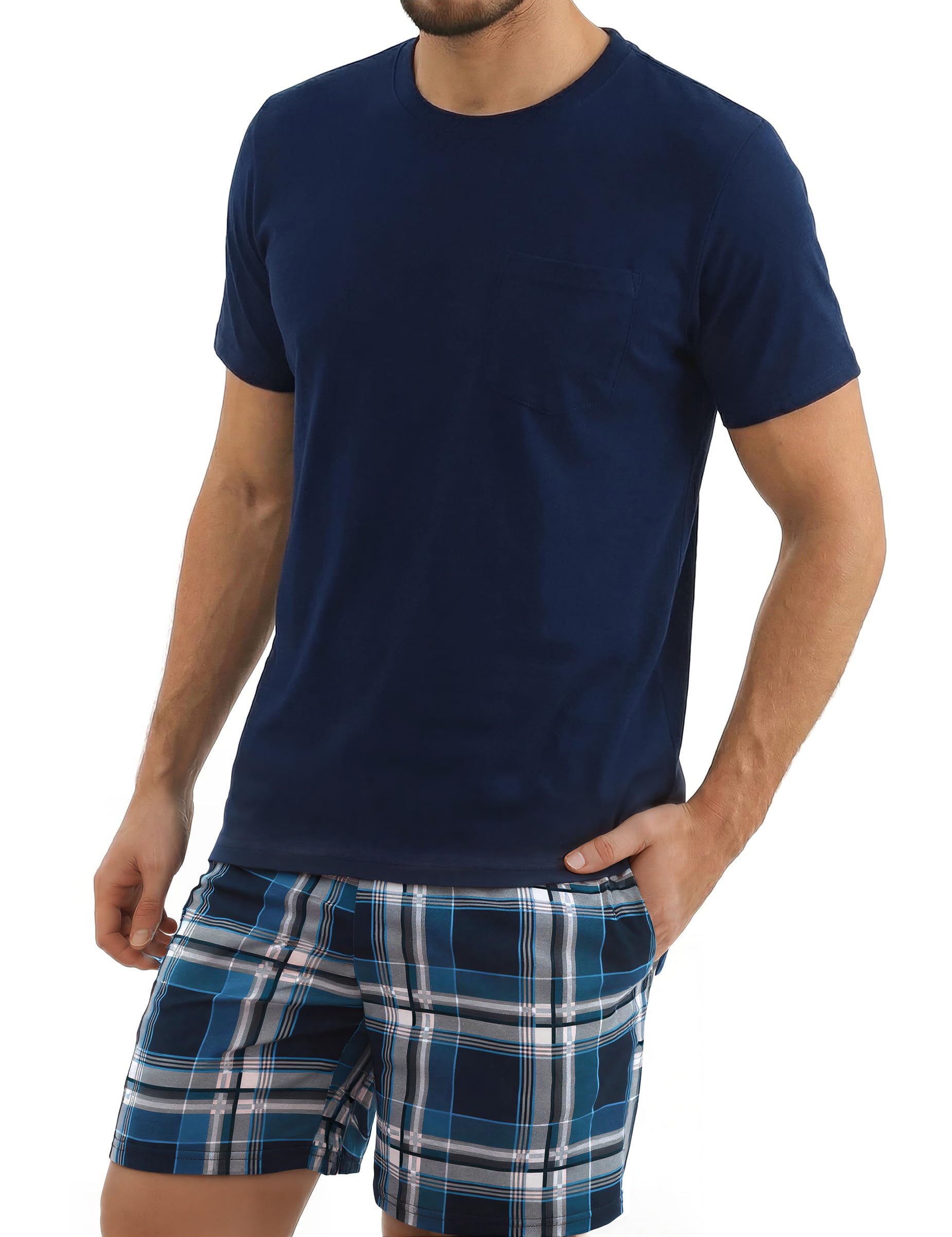 Bresdk Schlafanzug Herren Kurz Baumwolle Shorty Pyjama mit Karierter Shorts | Weicher Mix bietet hohe Atmungsaktivität, leichten Stretch und besten Hautkomfort