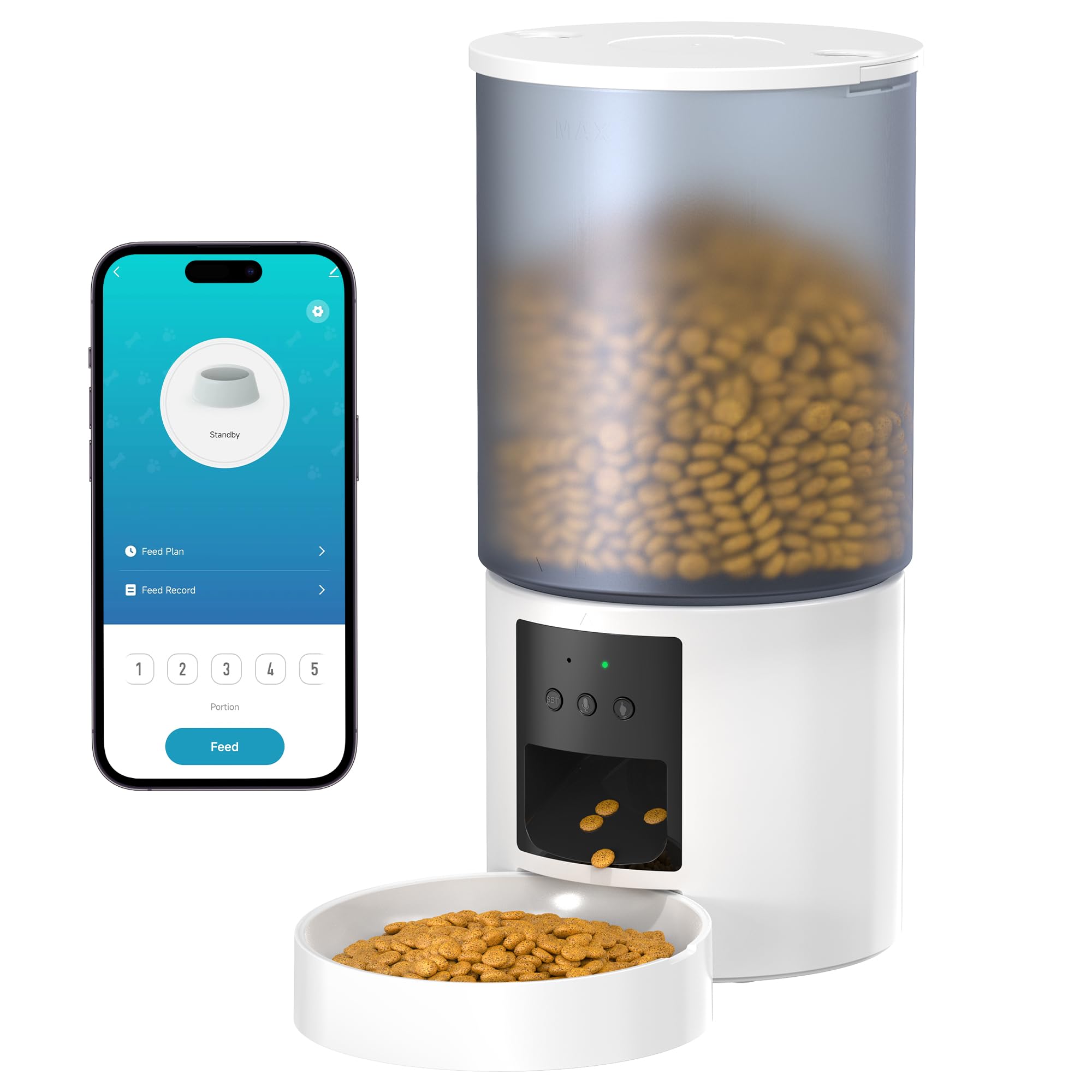 Distributore Automatico Cibo Gatti Cani WiFi: Dosatore Crocchette per Animali Domestici con 10S Registrazione - Mangiatoia Automatica per Cibo Distributore Crocchette Gatto Timer Bianco 6L