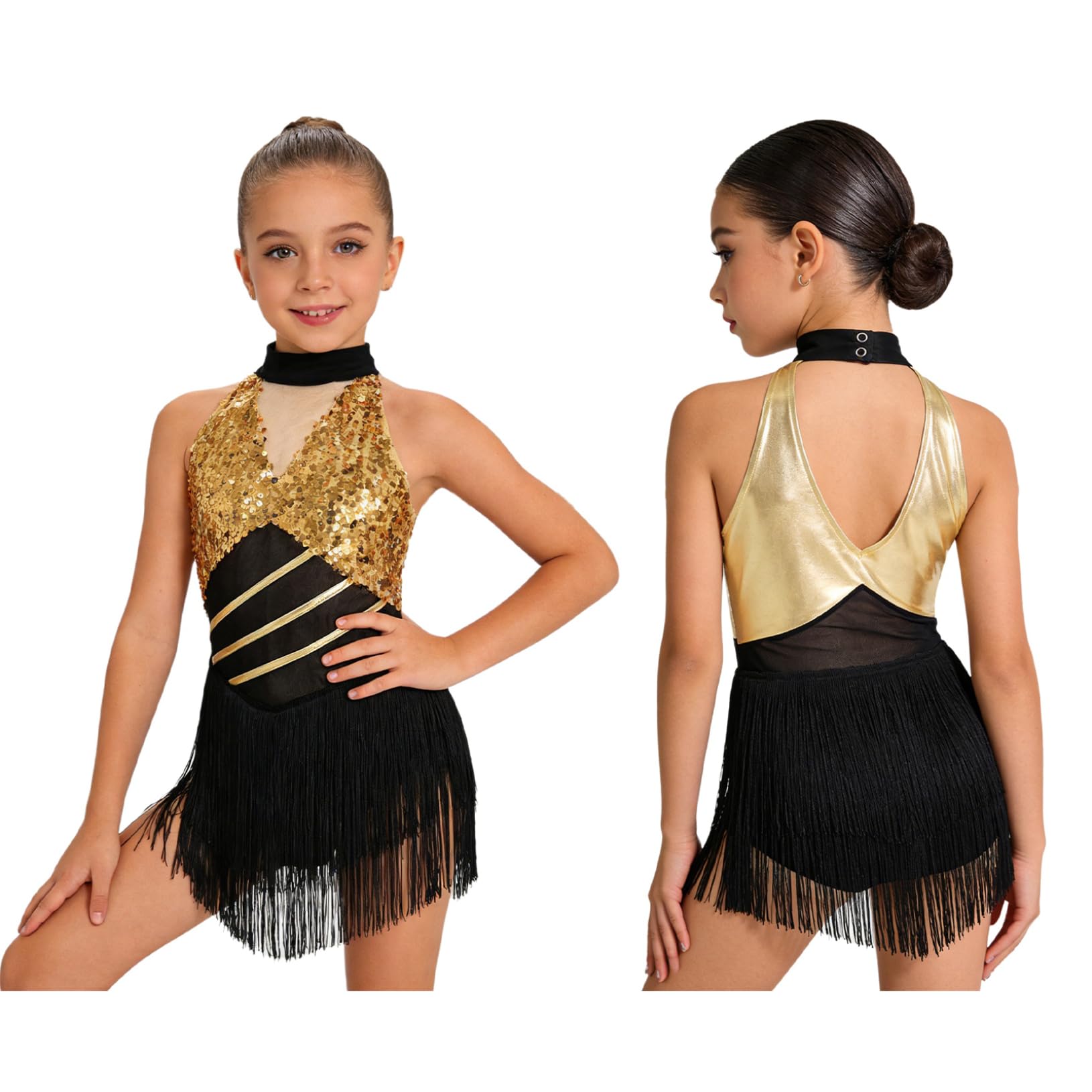 Freebily Vestidos Baile Salsa Samba Rumba con Flecos Niña Leotardo De Baile Latino Espalda Abierta Trajes De Bailarina Cha Cha