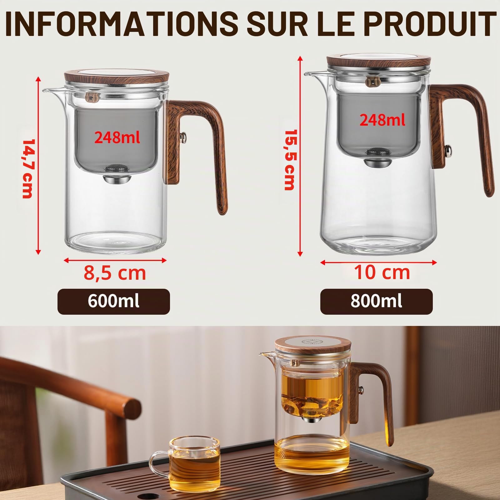 Théière magique avec infuseur - Théière en verre de séparation d'eau pour séparer l'eau de thé, design ergonomique avec poignée en silicone effet bois, et préparation polyvalente de thé et café (800