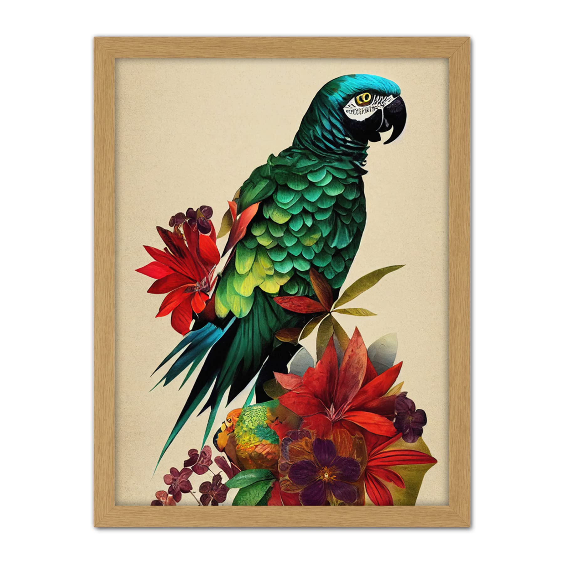 Doppelganger33 LTD Exotic Flowers And Feathers Macaw Parrot And Jungle Blooms Artwork Framed Wall Art Print 18X24 Inch