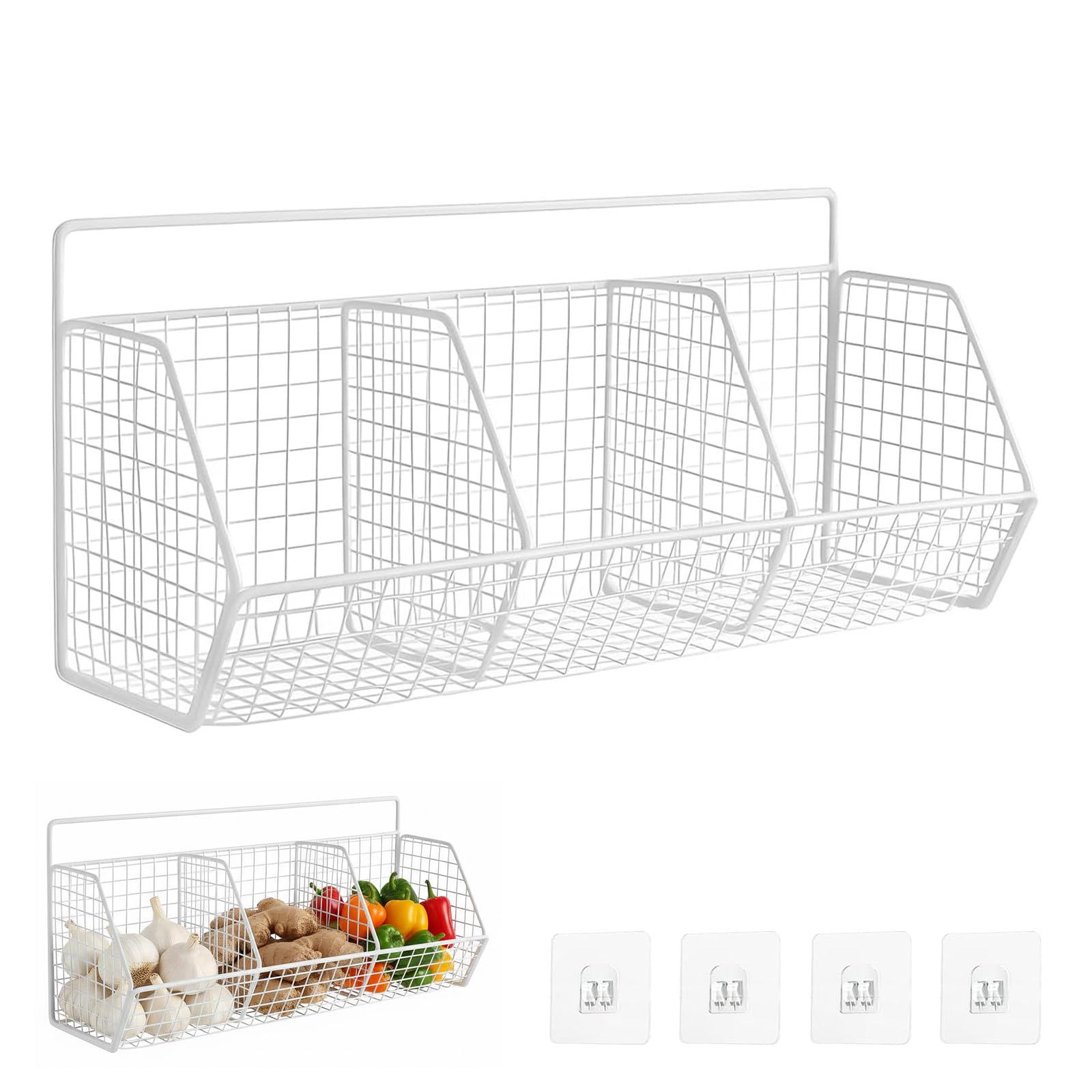 Hanging Storage Baskets, Wall Basket, No Drilling Adhesive Metal Adhesive Shelves, 3 Grids Kitchen Wall Shelves for Kitchen Pantry Organization Bathroom (White)