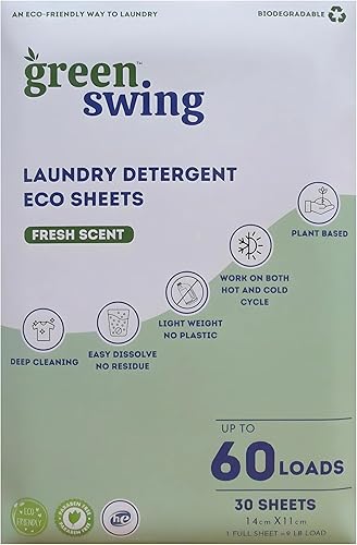 Green Swing Hojas ecológicas de detergente para ropa  60 cargas (30 hojas)  Tiras de lavado  Nueva tecnología sin líquidos  Fácil de usar (sin