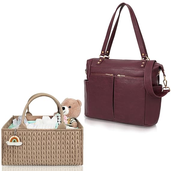 MOMINSIDE Diaper Bag Tote, Leather Diaper Bag Backpack, Diaper Caddy Organizer, Convertible Baby Bag for Boys Girls, Baby Registry, Changing Pad, 4 Large Insulated Pockets