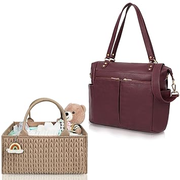 MOMINSIDE Diaper Bag Tote, Leather Diaper Bag Backpack, Diaper Caddy Organizer, Convertible Baby Bag for Boys Girls, Baby Registry, Changing Pad, 4 Large Insulated Pockets