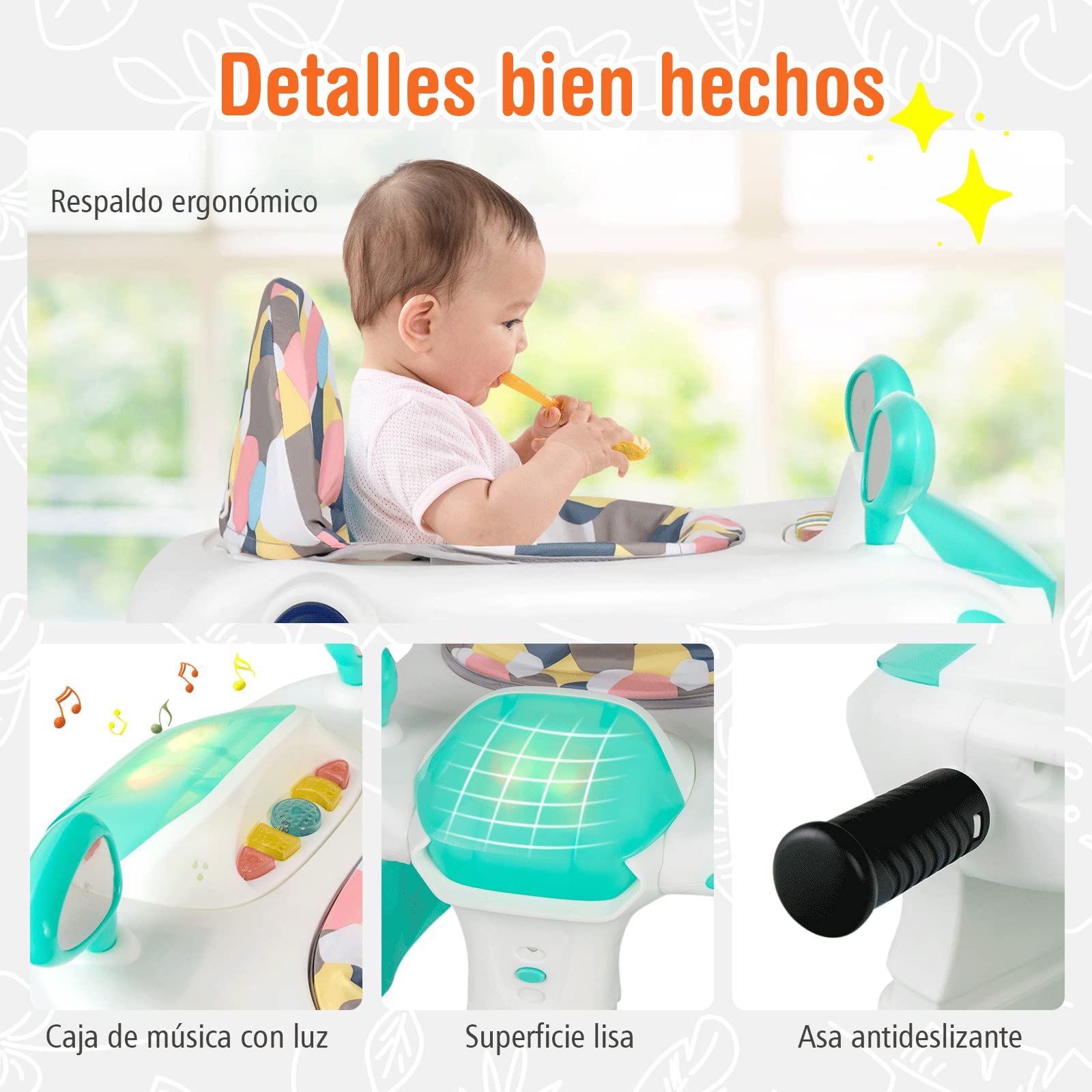 COSTWAY Andador 2 en 1 para Niños, Plegable con Altura y Velocidad Regulables, Carillón con Luces, Volante y Cojín Cómodo, de Empuje para Niños de 6 a 18 Meses