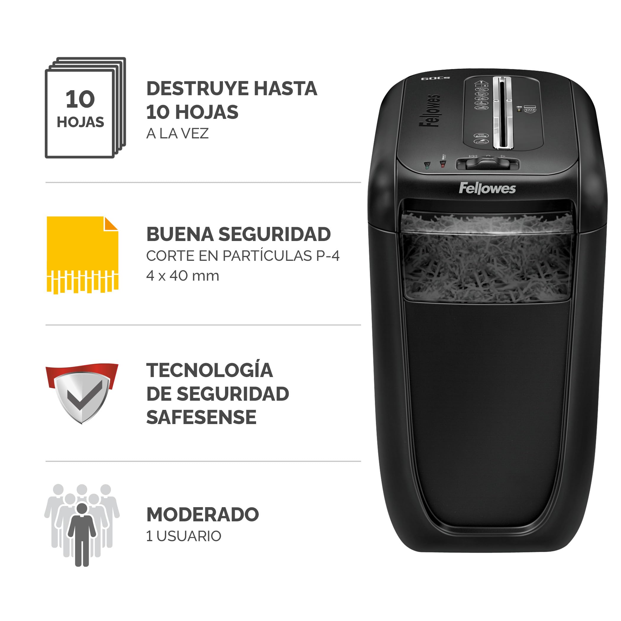 Fellowes 60Cs Trituradora de Papel Corte en Partículas 10 Hojas 22L DIN-P4 Negro