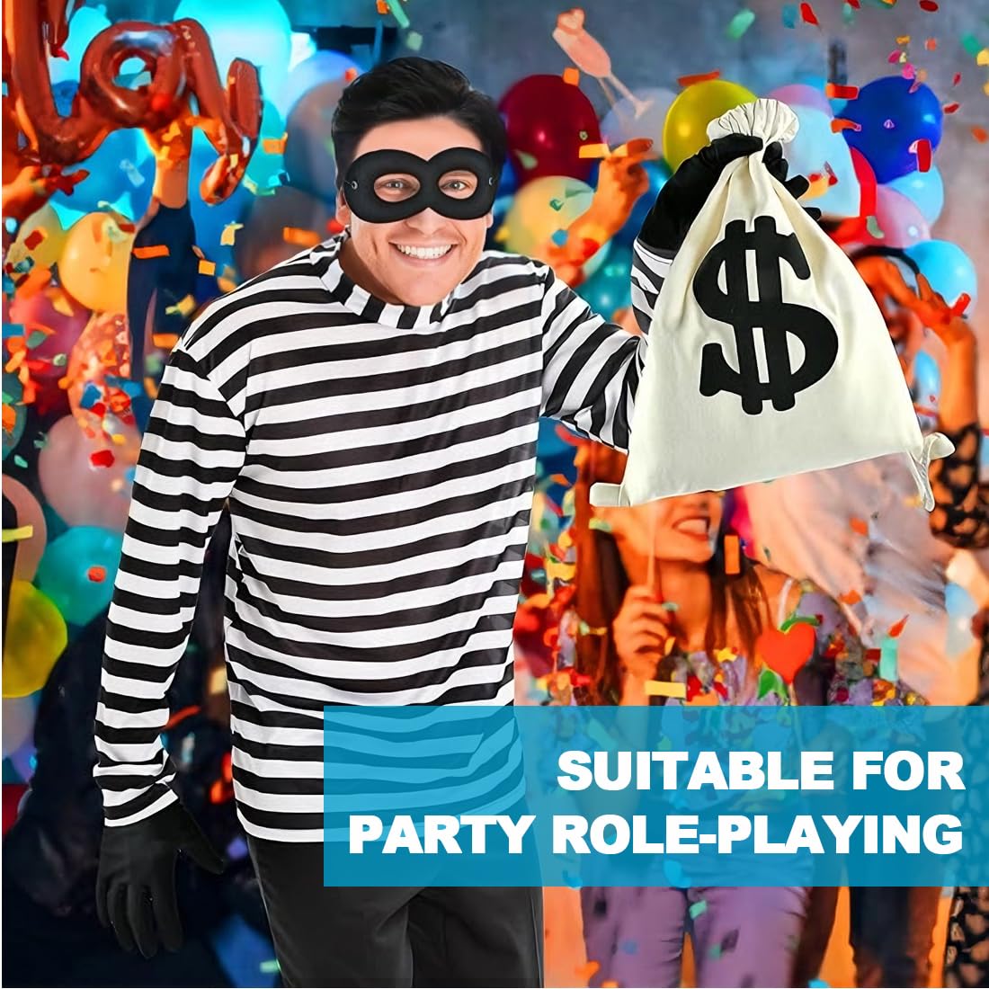 Set De Disfraz De Ladrón Para Adultos Y Niños – Máscara, Gorro, Guantes Y Bolsa De Dinero Para Halloween Y Cosplay
