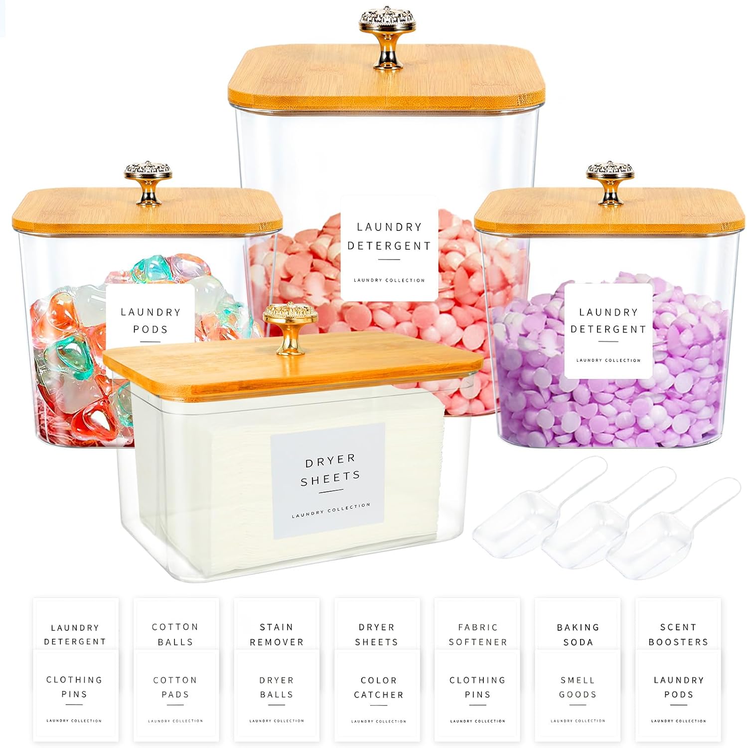 4 Pack Laundry Pod Containers and Dryer Sheet Holder for Laundry Room Organization Acrylic Jars with Lids and Labels for Laundry Detergent Laundry Pods Dry Sheet Organizing