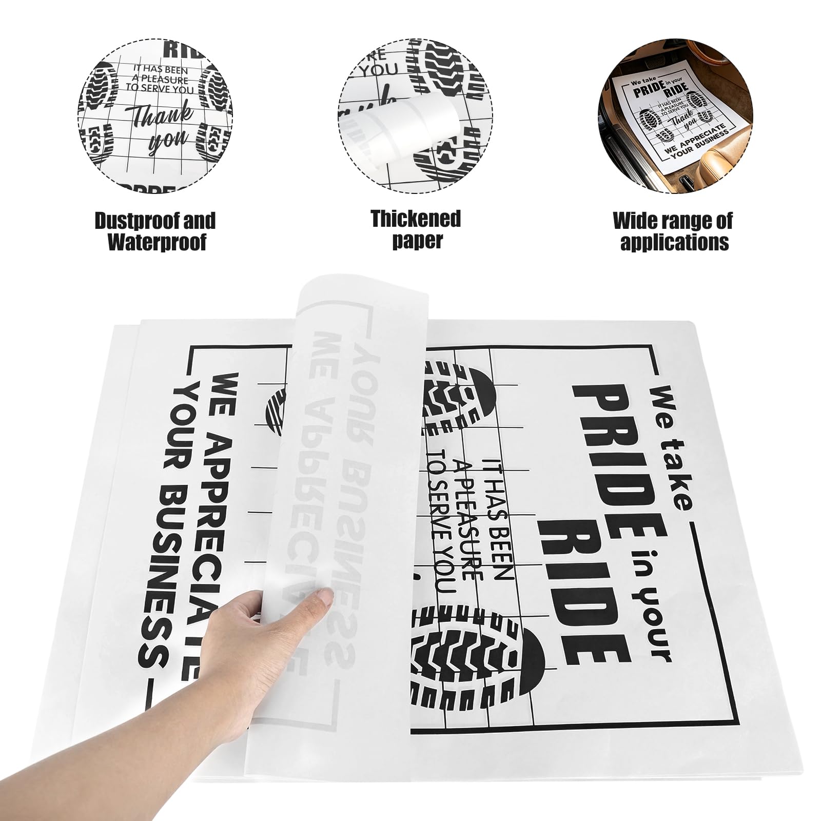 50 alfombrillas de papel para coche, alfombrillas desechables para coche, color blanco, 50 x 40 cm, plegables, con impresión de zapatos, para coches, todoterrenos, para mantener tu vehículo