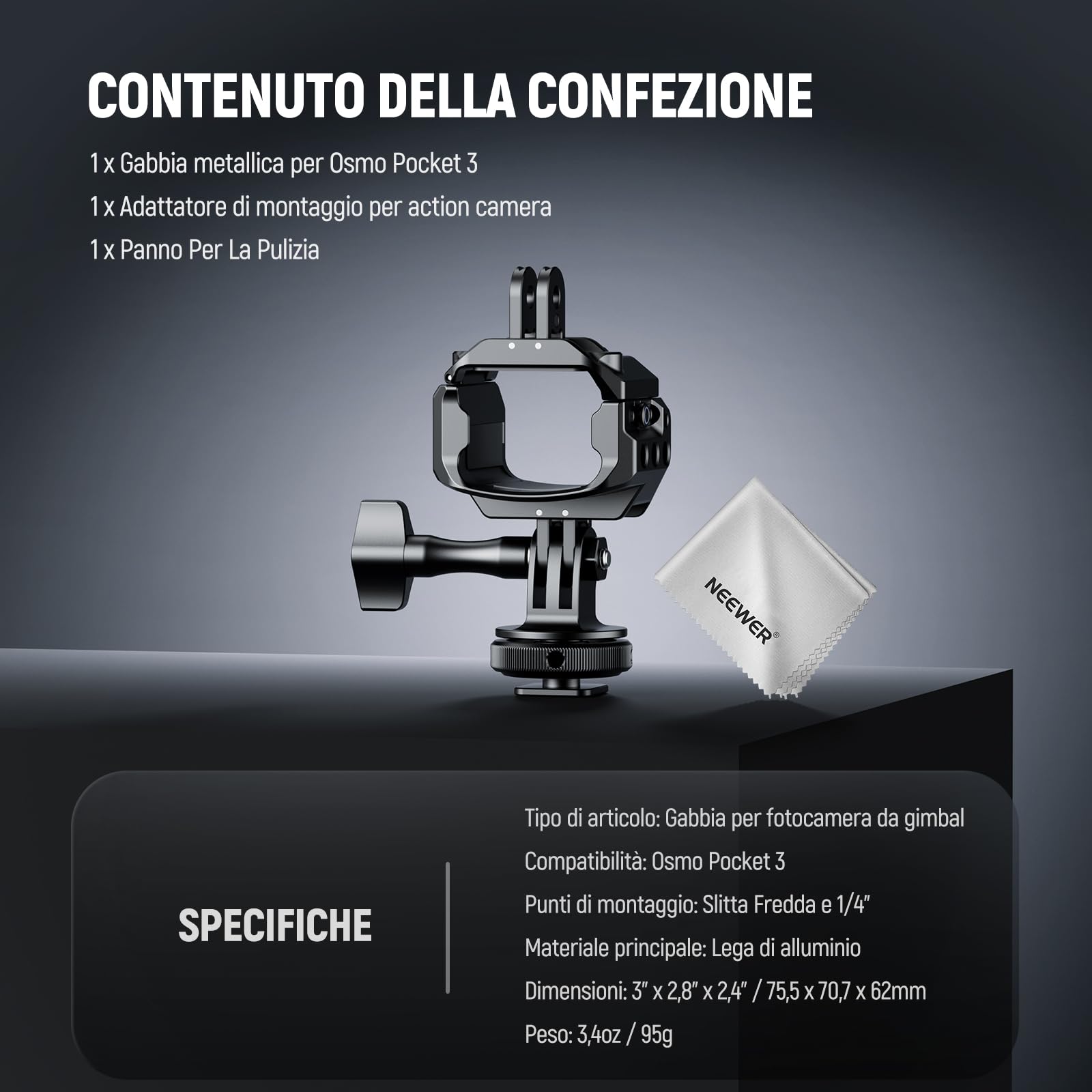 NEEWER Pocket 3 Cage Compatibile con DJI Osmo Pocket 3 e Creator Combo Accessori, Rig di Estensione per Riprese Video Gimbal con Adattatore Action Cam, Filettatura 1/4", ColdShoe, Panno Pulizia, AC009