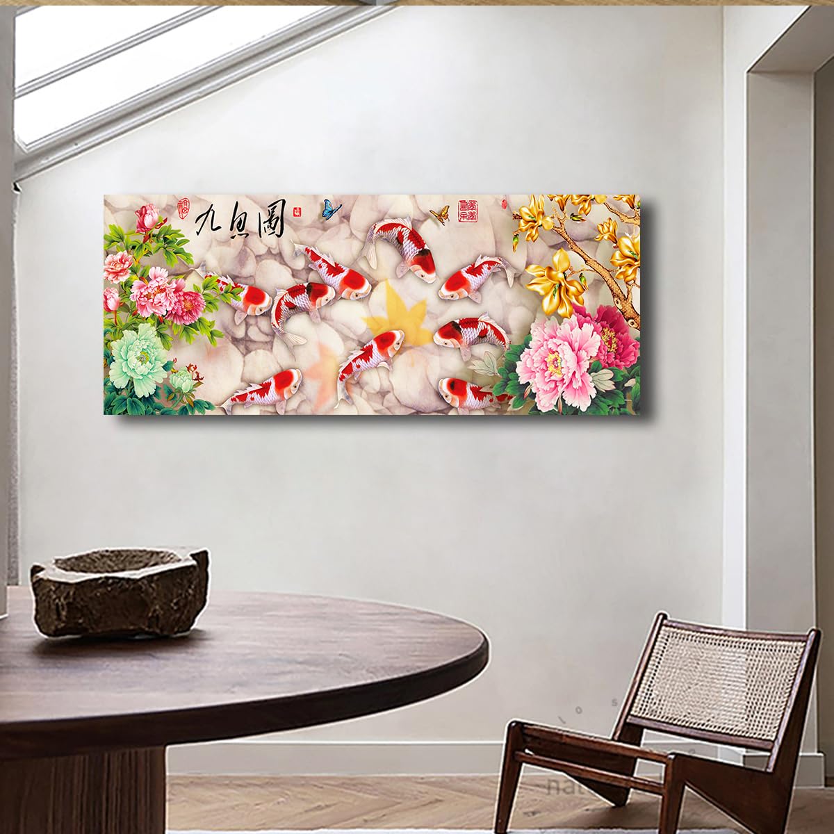 CHERHERART 9 stampe di pittura di pesci su tela per casa sala da pranzo soggiorno camera da letto murales in stile cinese Koi e peonia murales 55x140cm