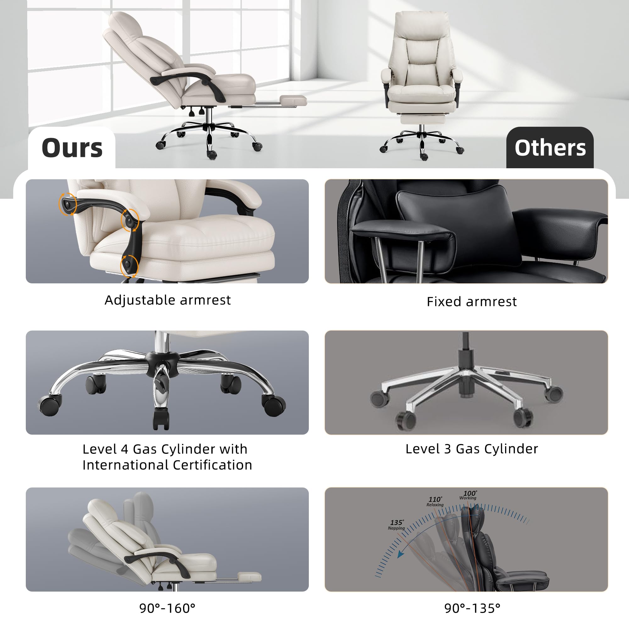 Home Office Desk Chair, 90°-160° Reclining, High Back Executive OfficeChair 400LBS with Footrest, Ergonomic Scratch-Resistant Faux Leather Computer Gaming Chair with Lumbar Support, White