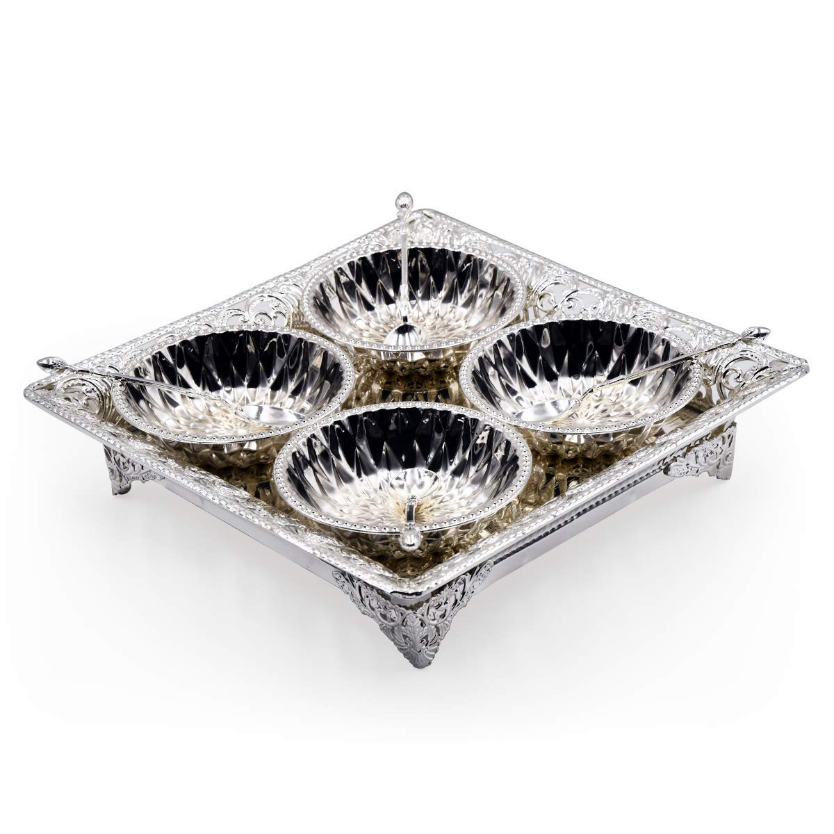 KIRFIZ Dry Fruit Serving Tray with 4 Bowls & Spoons Fancy Metal Look for Dining Table décor, Best Gift for Diwali Birthday Anniversary Wedding Festive Occasions - Silver Plated Brass