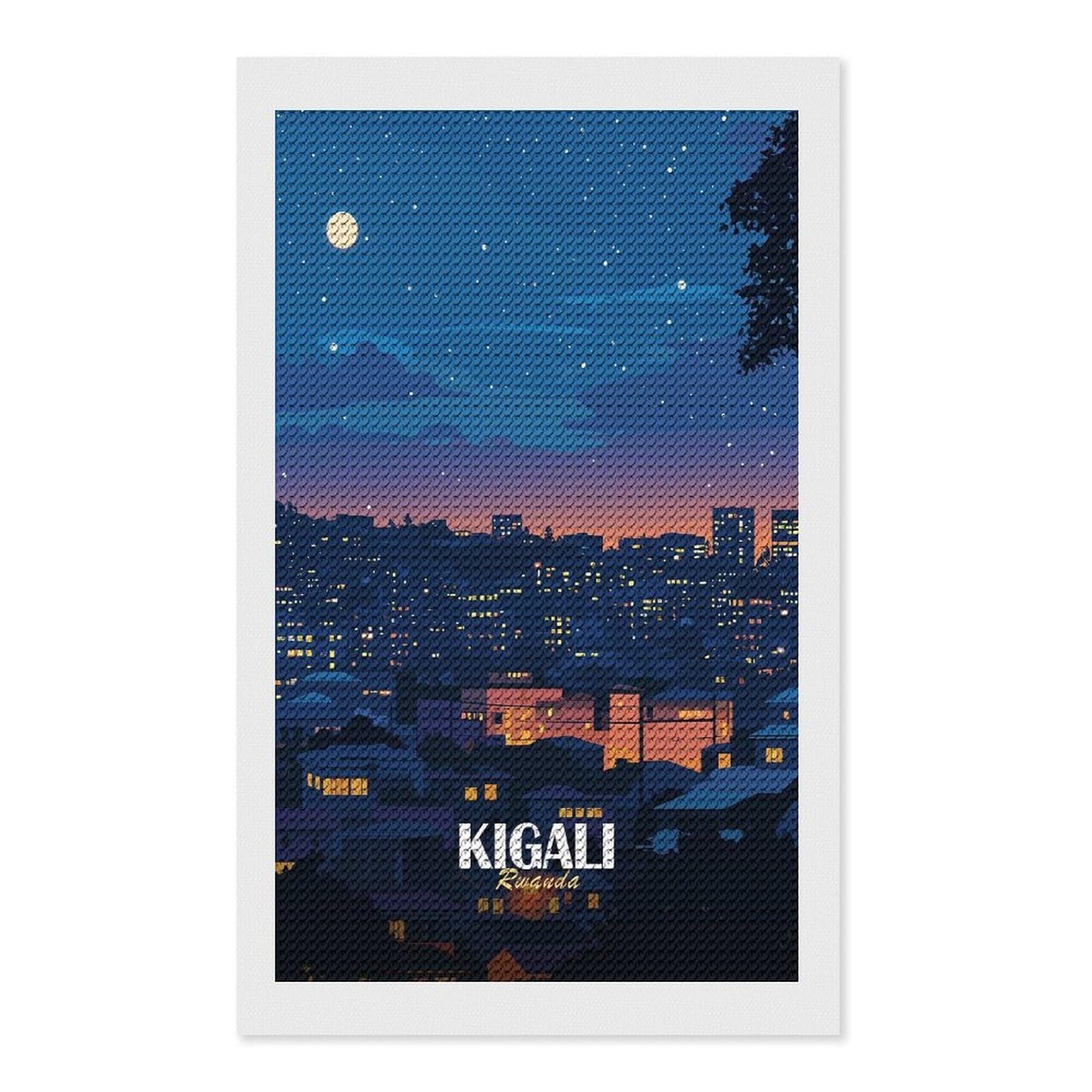 Junmoney Kigali Rwanda Cityscape at Night Diamond Painting Canvas Set 12"x20", for Craft Lovers, Decorate Your Room, Festive Craft Gift, Vintage Style Decor