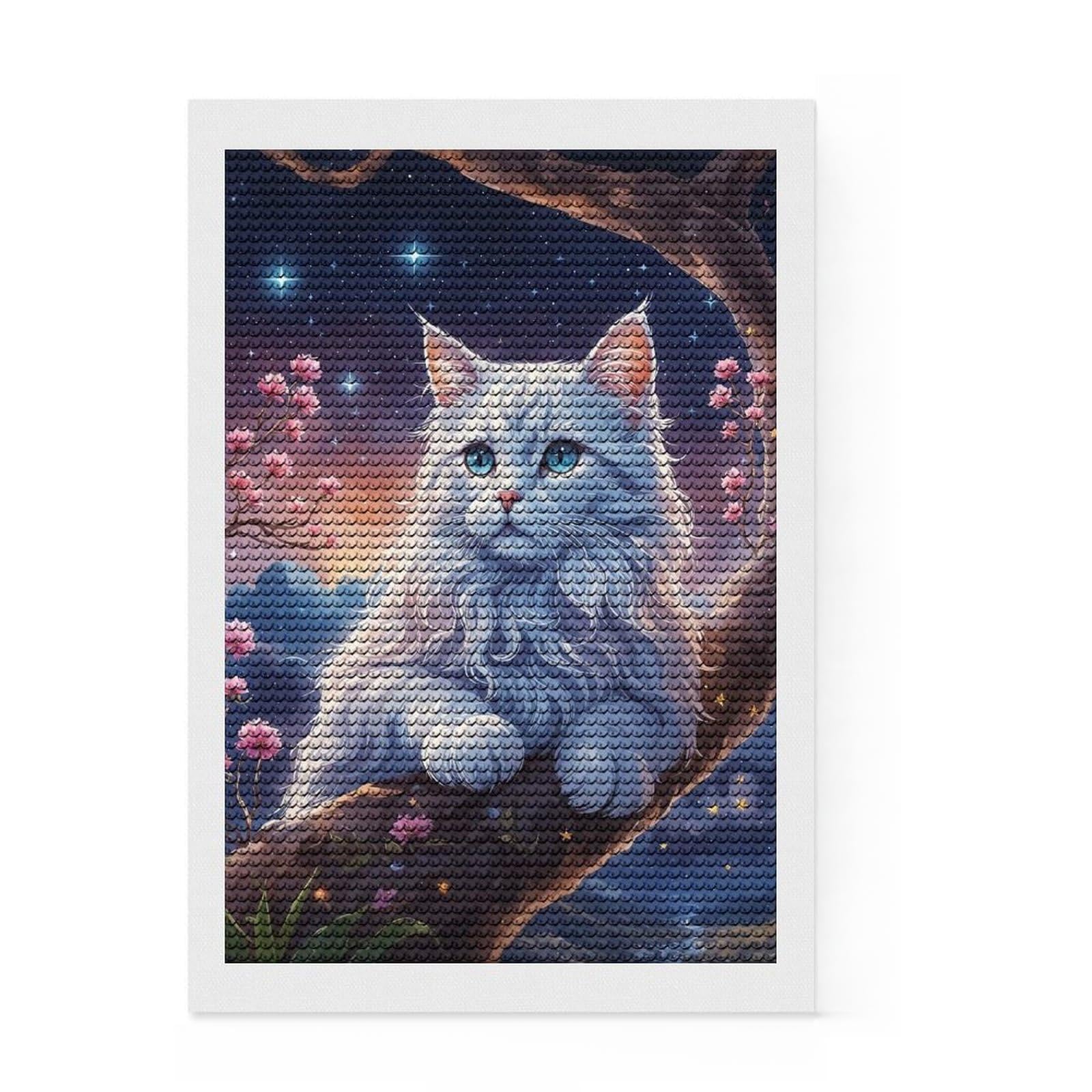 Junmoney White Cat in Cherry Blossom Tree Diamond Art Kit 8"x12", for Women, Nice Detail and Sparkle, Living Room Decor, Birthday Gift, Easy to Enjoy