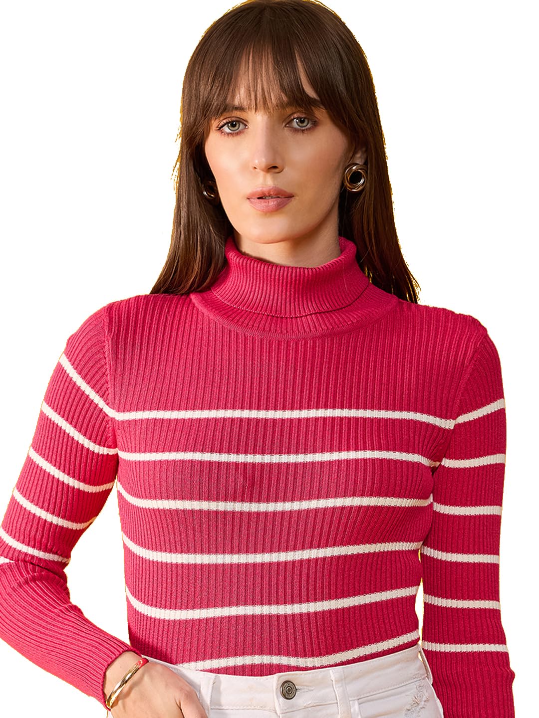 98 north 98 Degree North Women Cotton Self Design High Neck Pullover Has A Full Sleeves and Straight Hem-RG1159-F.Pink-picture-20