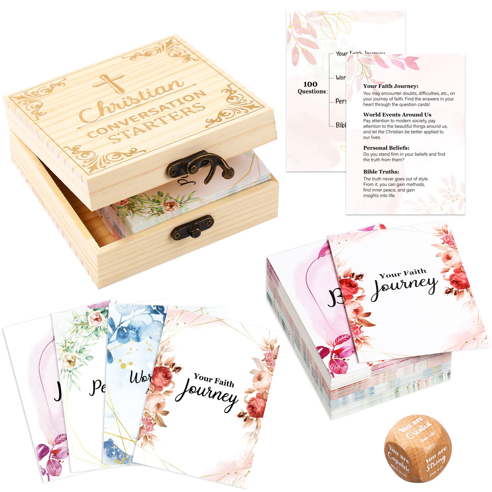 Pajean Religious Christians Gifts 100 Conversation Starters Cards for Christians Floral Bible Study Cards with Bible Dice Wooden Box for Adults Women Couples Date Church Youth Groups Family Night Game
