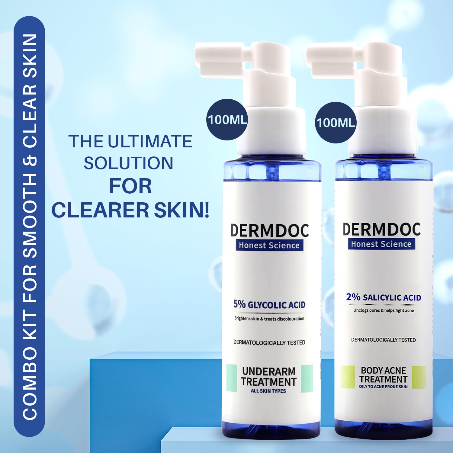 DermDoc Smooth & Clear Skin Body Treatment Combo| 5% Glycolic Acid Underarm Brightening Spray-100 ml & 2% Salicylic Acid Body Acne Treatment Spray-100 ml | With 5% Salicylic Acid Prevents Acne
