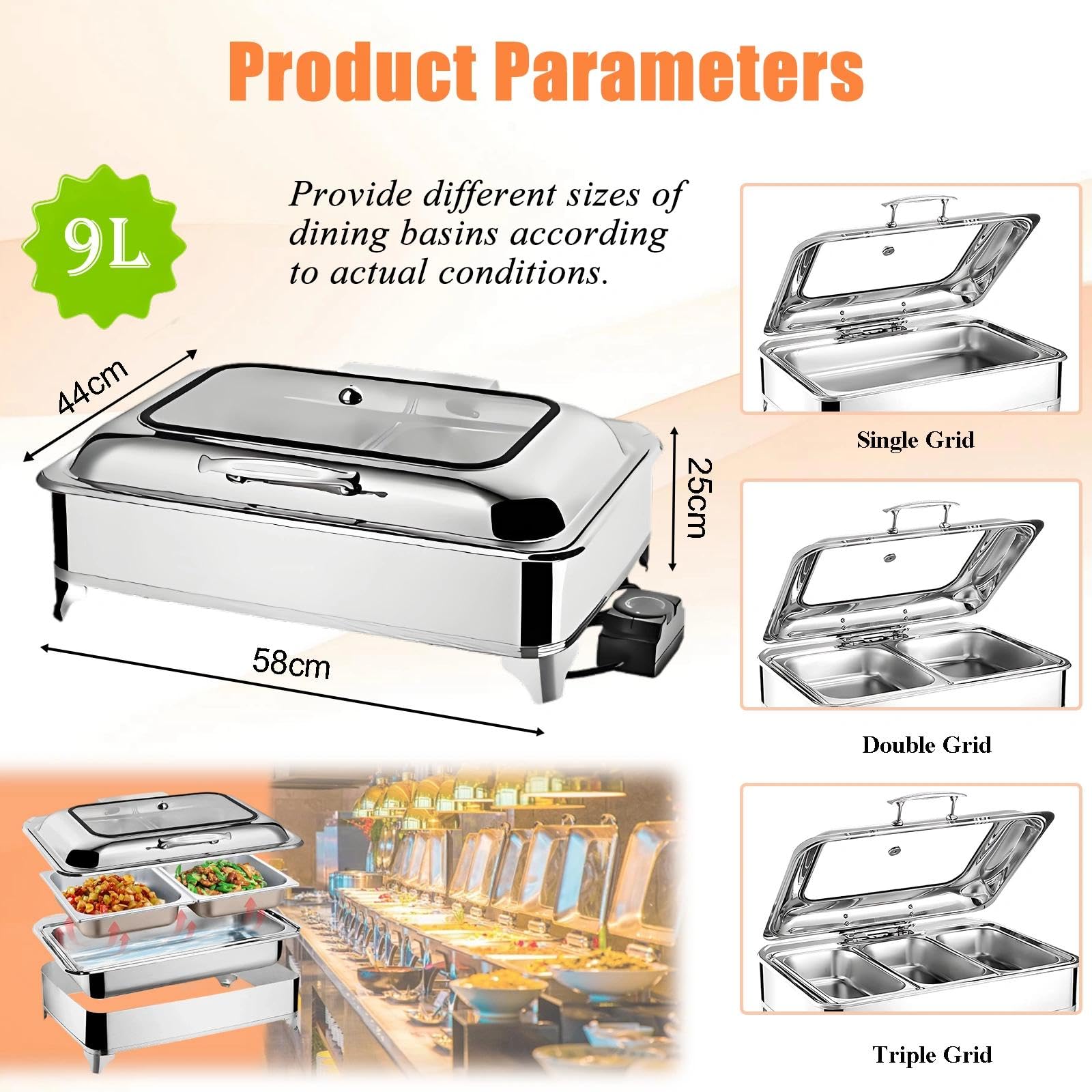 Chafing Dish Elettrico, 9L Scaldavivande Elettrico in Acciaio Inossidabile con Regolazione della Temperatura e Finestra Vetrata, Professionale Chafing Dish per Buffet, Ristorante(1/3)