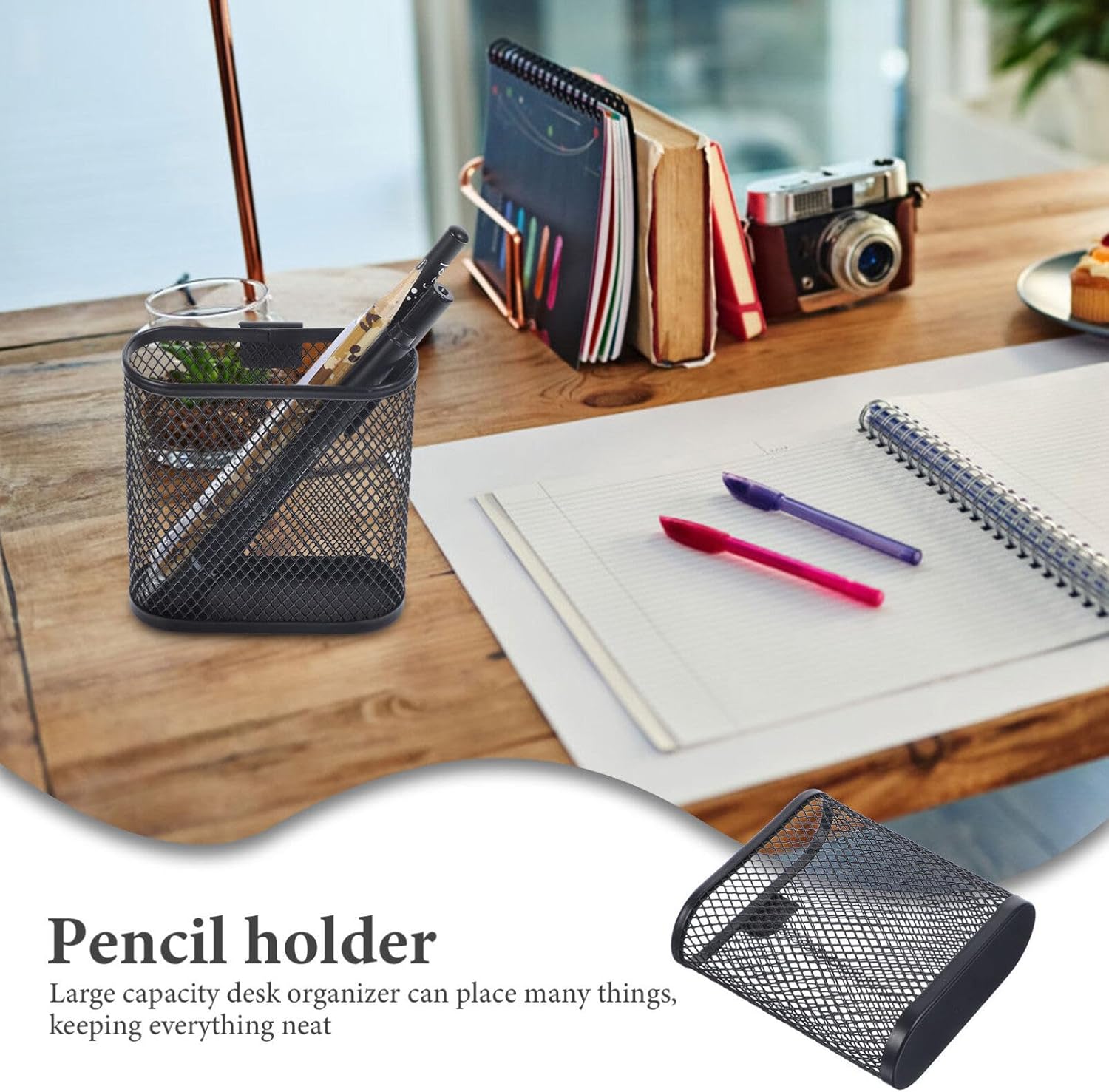 Black Mesh Pen Holder Oval Shape Metal Desk Organizer for Office Stationery Storage, 3.93 X 3.54 X 1.37 Inch - Image 6