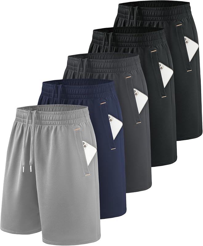 Little Beauty 5 Pack Men's Athletic Gym Shorts with Pockets Fast Dry Basketball Running Workout Shorts