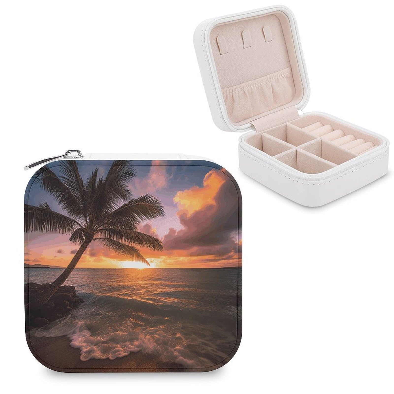 VstaDank Palm Tree Sunset Beach Travel Jewelry Case Small Portable Jewellry Organizer Box PU Leather Organizer Boxes Personalized Jewellery Storage Holder Gift for Womens Rings Earrings