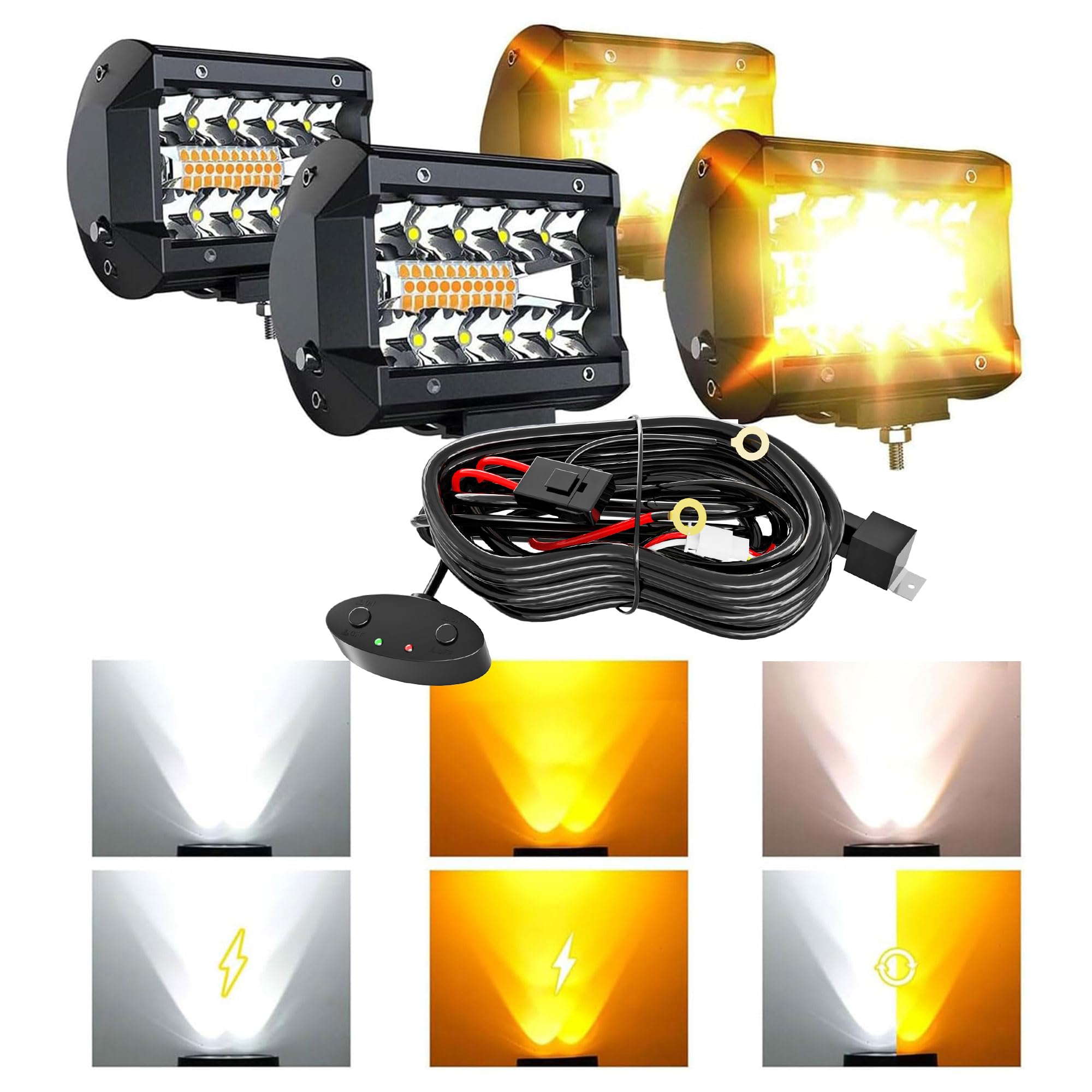 Amazon.com: ASLONG 4pcs 4 Inch White/Amber Yellow LED Pods Light Triple Row  Spot Flood Combo LED Bar Offroad Driving Fog Lamp 60W, 1pcs Wiring Harness  Switch for Pickup Truck : Automotive