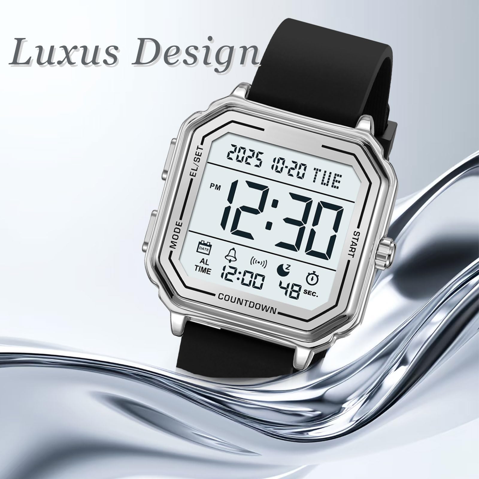 findtime Orologio digitale quadrato digitale orologio sportivo sportivo outdoor uomo donna grandi numeri numeri 3 ATM impermeabile unisex doppio tempo / cronometro / allarme / 12-24H nero oro