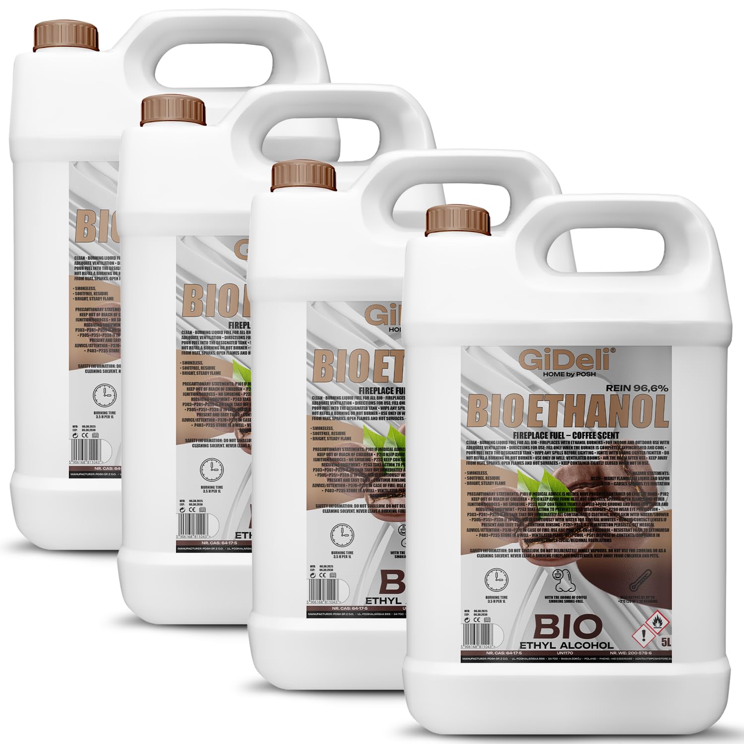 GiDeli Bioetanolo 4 x 5 l profumo di caffè 96,6% etanolo per camini interni ed esterni, senza fumo e fuliggine, da mais e barbabietola da zucchero