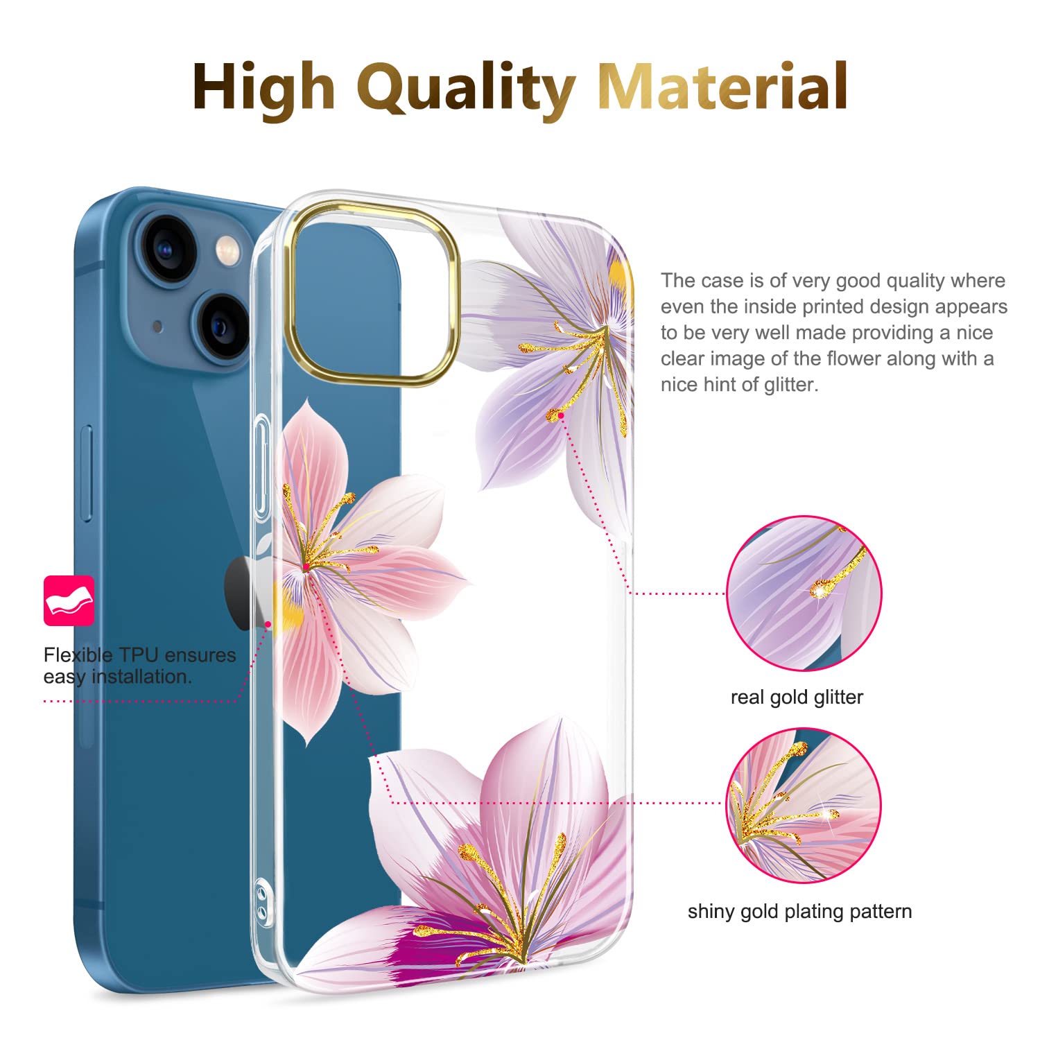 JAHOLAN - Funda Transparente Compatible Con IPhone 13 Pro Con Flores, Para Niñas Y Mujeres, A Prueba De Golpes Con Patrón Floral Con Purpurina, Carcasa Rígida Para Teléfono De 6.1 Pulgadas 2021