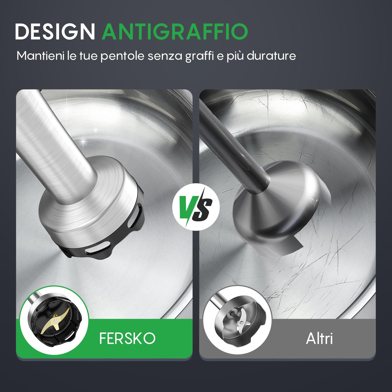 FRESKO Frullatore a Immersione, 1000W Frullatore in Acciaio Inox con Protezione per Pentole, 5 Accessori, Velocità Regolabile, Frullatore Manuale per Alimenti per Bambini, Zuppe, Smoothies