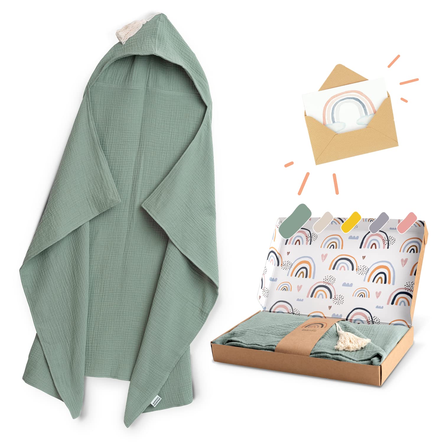Räuberella® Kapuzenhandtuch-Baby in Mint-Grün I 75x100cm I Musselin-Badetuch-Baby aus 100% Bio-Baumwolle I Saugfähiges Babyhandtuch mit Kapuze I Badehandtuch-Geschenkset inkl. Verpackung & Karte