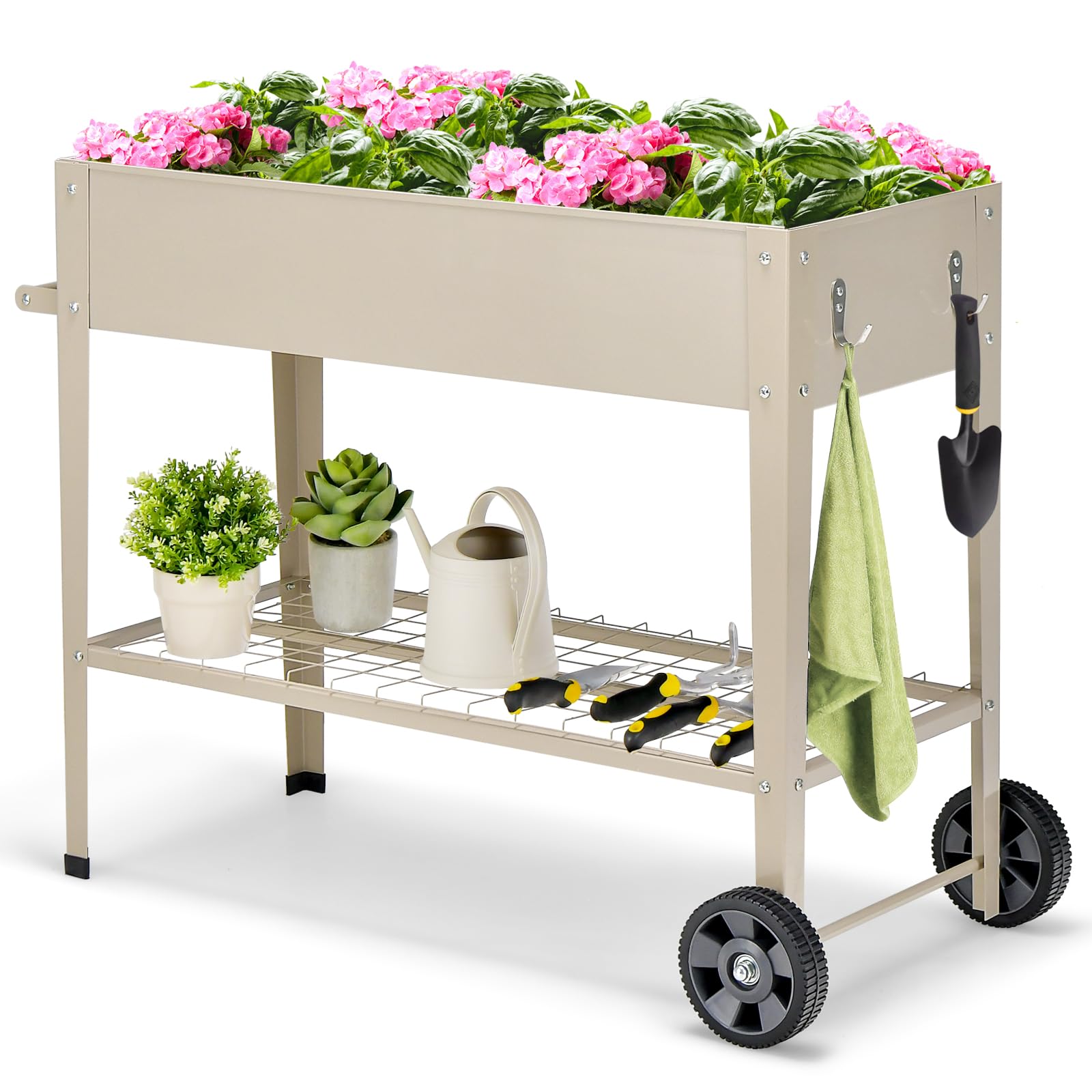 HOMASIS Cama Elevada para Jardín con 2 Ruedas, Maceta Grande Elevada de Metal con 2 Ganchos, Maceta Móvil para Verduras, Flores, Hierbas, Patio, 95 x 40 x 80 cm (Beige)