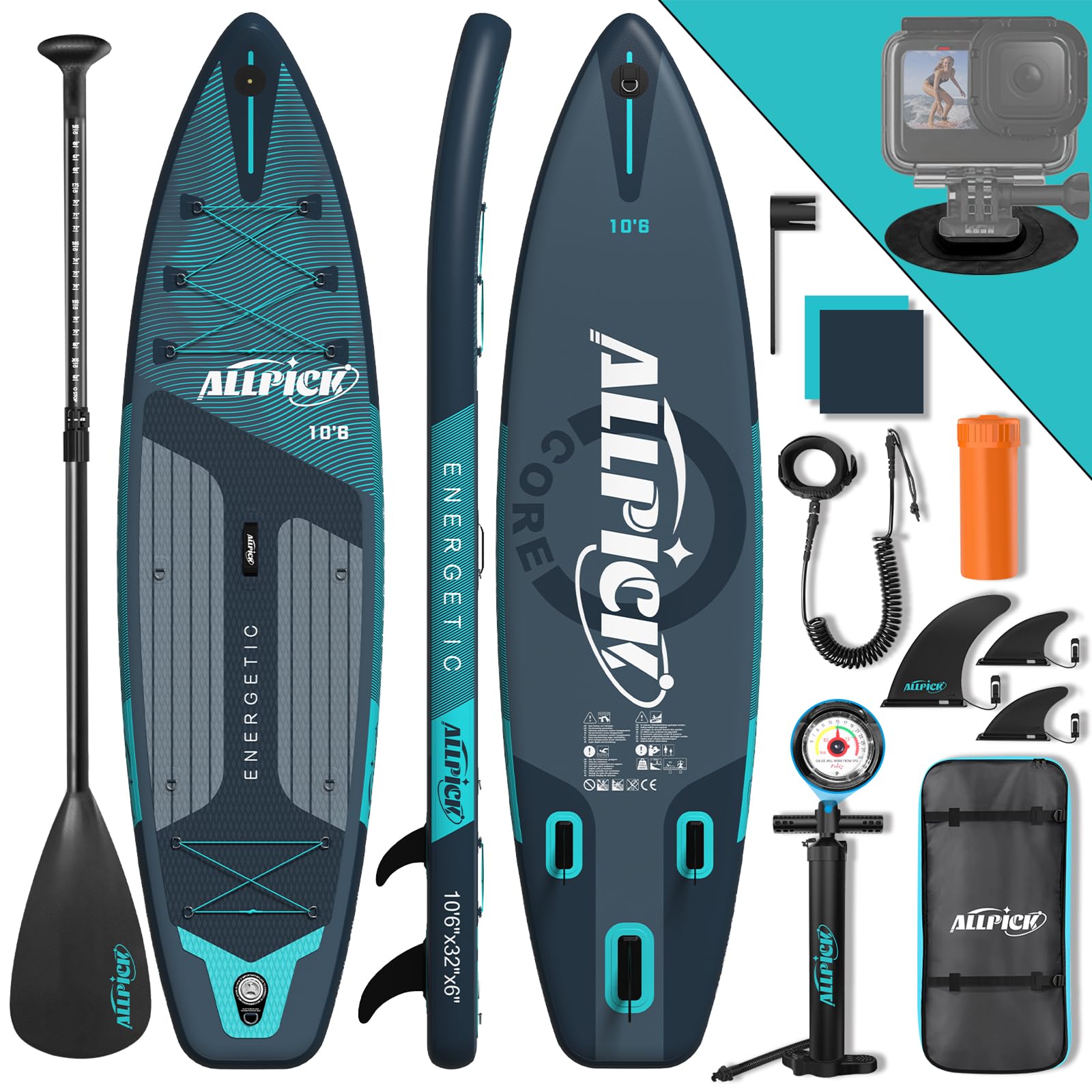 ALLPICK Sup Gonfiabile, Stand Up Paddle Board Gonfiabile, Con Supporto Universale per Fotocamera, Accessori Completi, Tavola da Sup Surf, Principianti e Avanzati, 150kg/180kg