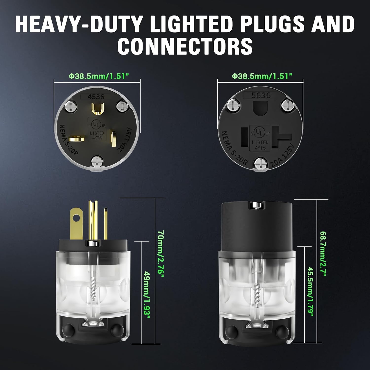 5 Set Lighted 5-20 Amp 125Volt Extension Cord Ends Connector Extension Cord Repair Female End, Straight Blade Cord End Replacement,NEMA 5-20P & 5-20R, 2 Pole 3Wire Grounding , UL-Listed