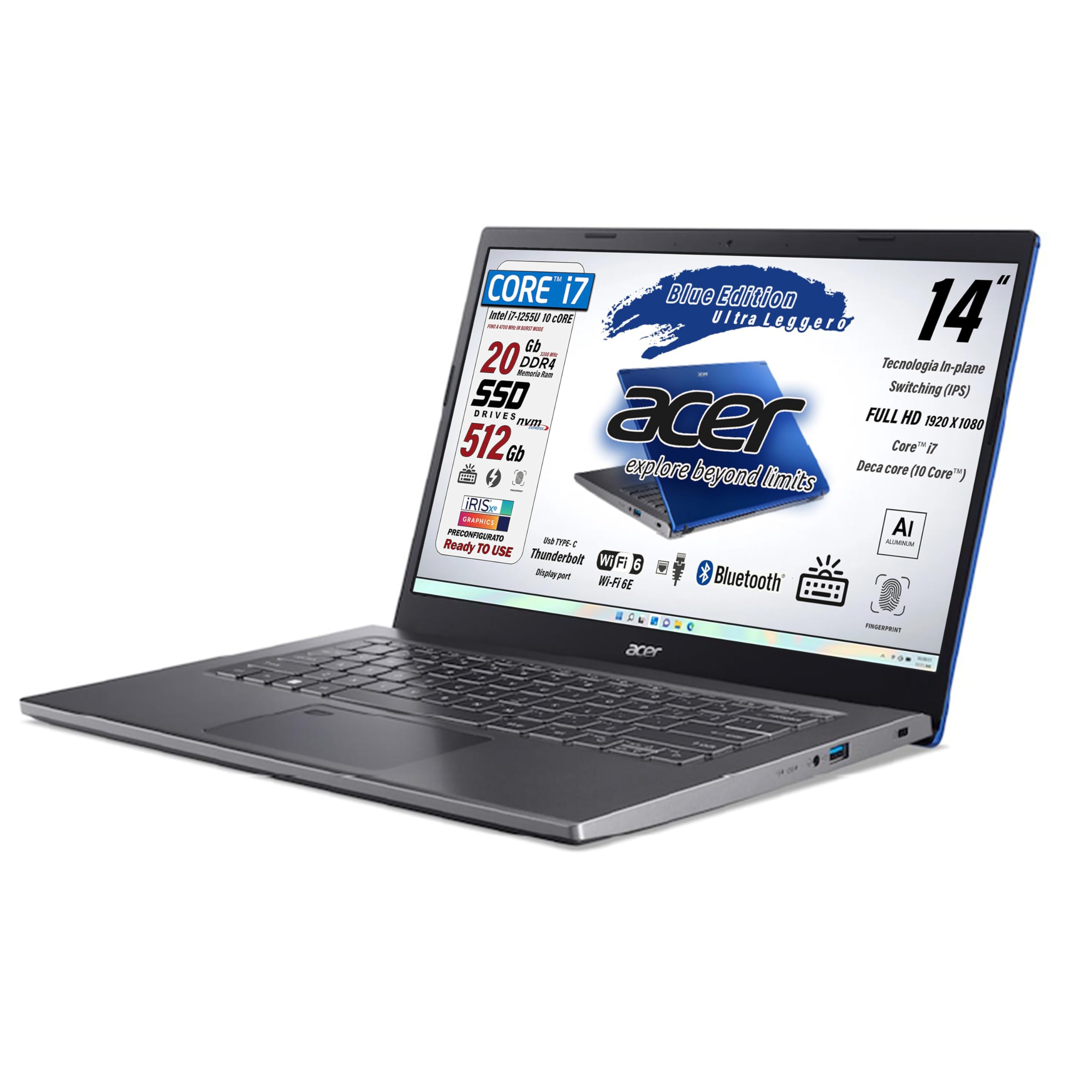 acer Notebook Intel Core i7-1255U, 10 Core, ram 20Gb, SSD Pcie Nvme 512Gb, display 14" FHD IPS, Tastiera retroilluminata, Fingerprint, thunderbolt, ultraleggero, Win 11Pro, blu, preconfigurato