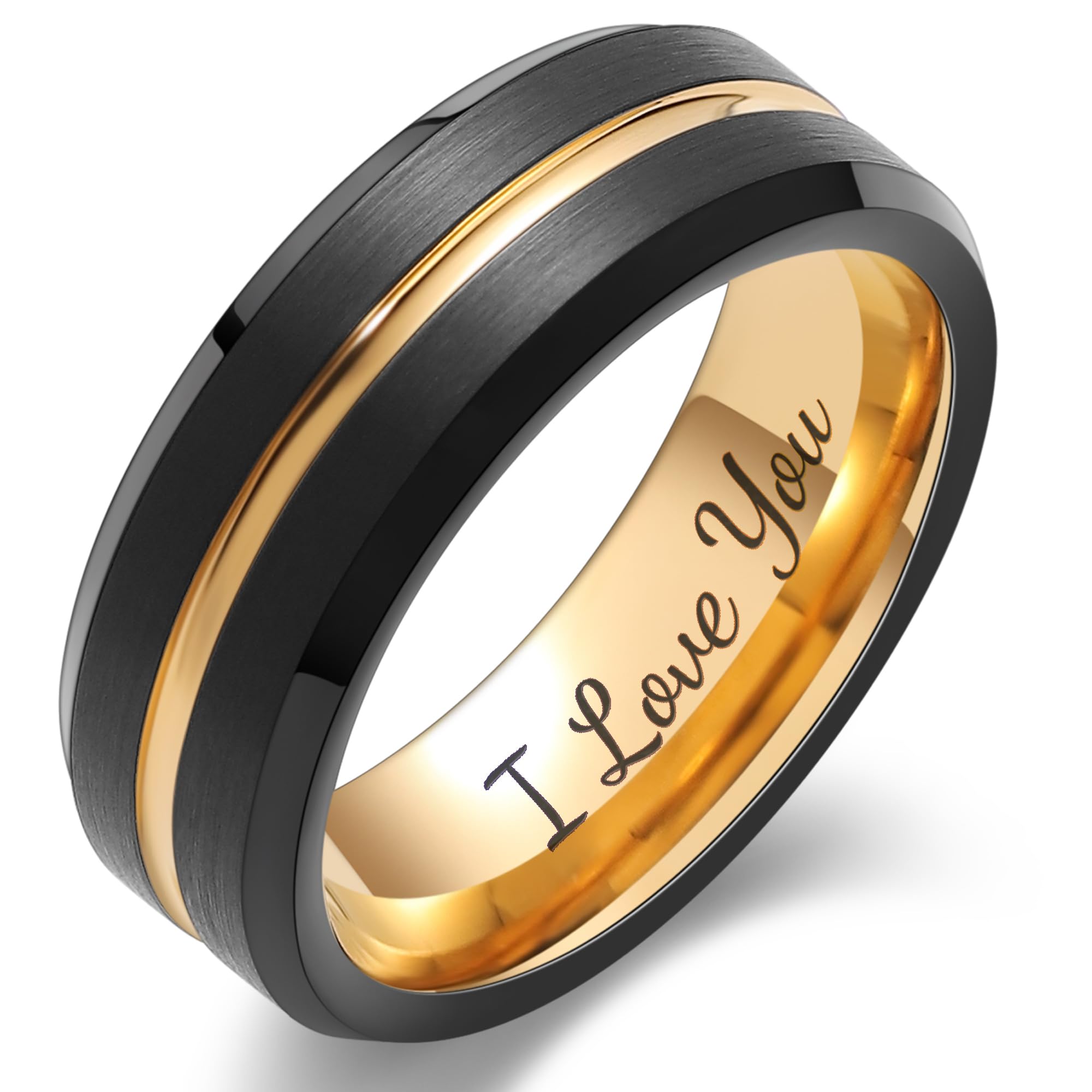 LerchPhi Tungsten Wedding Band for Men, Engraved and Customizable Promise Rings for Him and Her, Width 6MM 8MM Size 6-14, Center Grooved Beveled Edge,