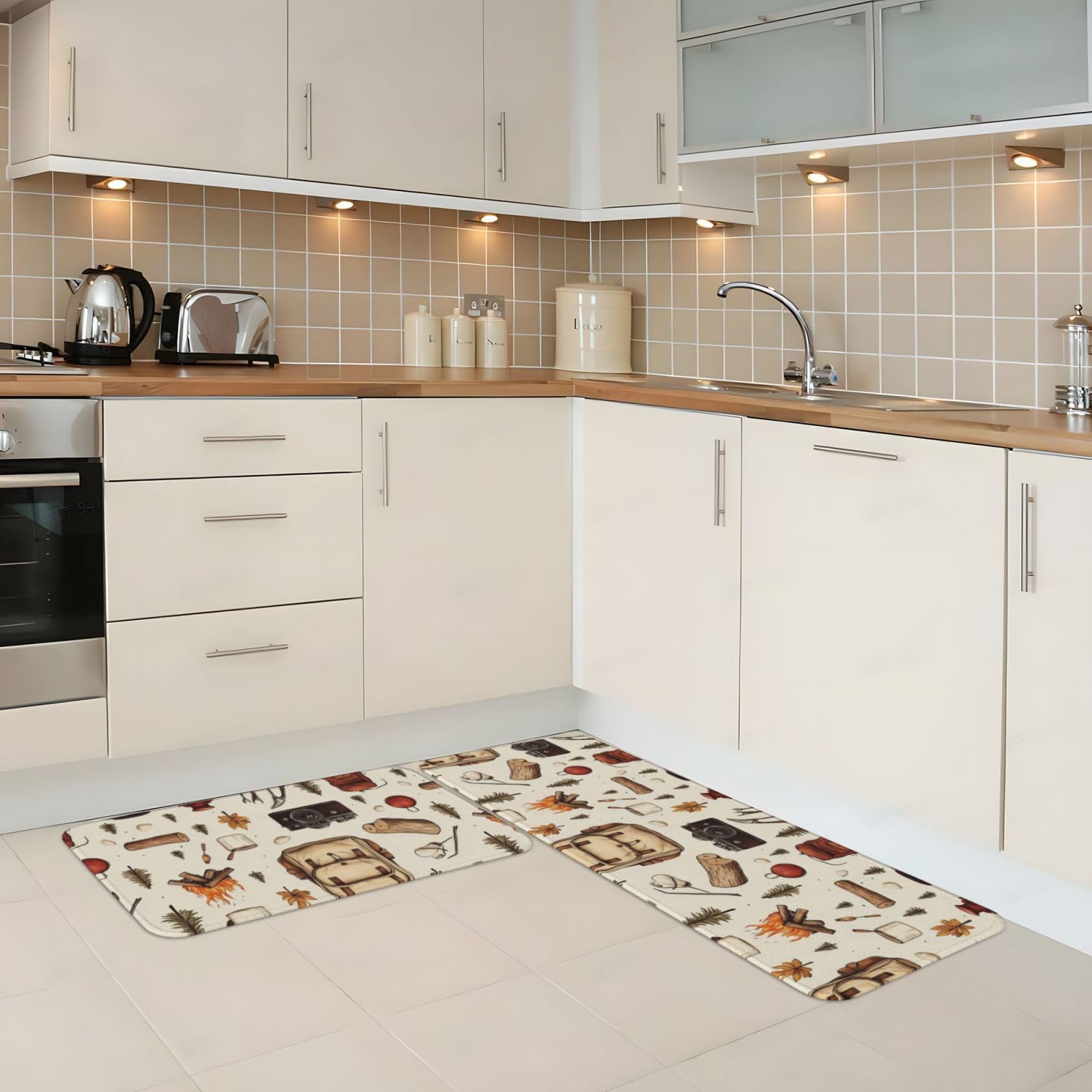 GVYGVY Antifatigue Kitchen Mats for Floor 2 Piece - Camping Tools Print Kitchen Rugs Washable, Non Slip Runner Rug Standing Mat for Office/Bathroom/Laundry/Home Decor and Accessories