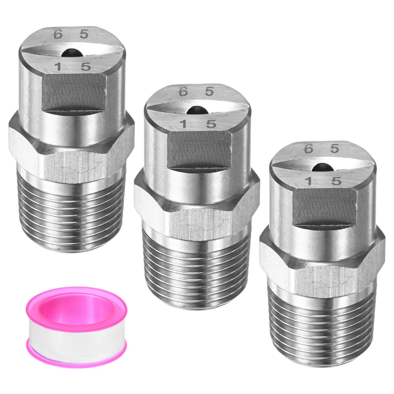 M METERXITY 3-Pack Sprayer Nozzle Tips, 3/8 BSPT Male Thread 65° 304 Stainless Steel Flat Fan Spray Tips with Tape for Irrigation, Replacement of Knapsack Nozzles [Silver Tone, 2.4mm Pore]