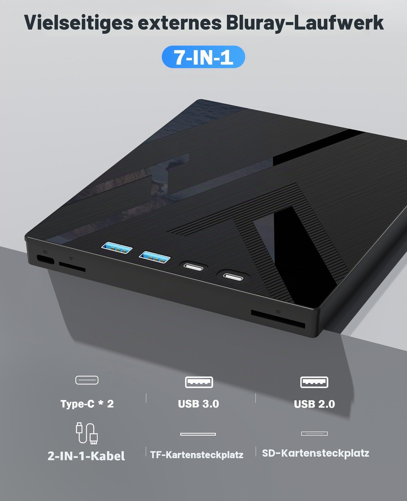 7-in-1 Externes Blu-ray-Laufwerk, USB 3.0 Typ-C Optischer externer Bluray/DVD-Laufwerk Brenner mit SD/TF-Anschluss, unterstützt 100G Disc R/W für PC, kompatibel mit Windows XP/7/8/10/11, Mac, Laptop,