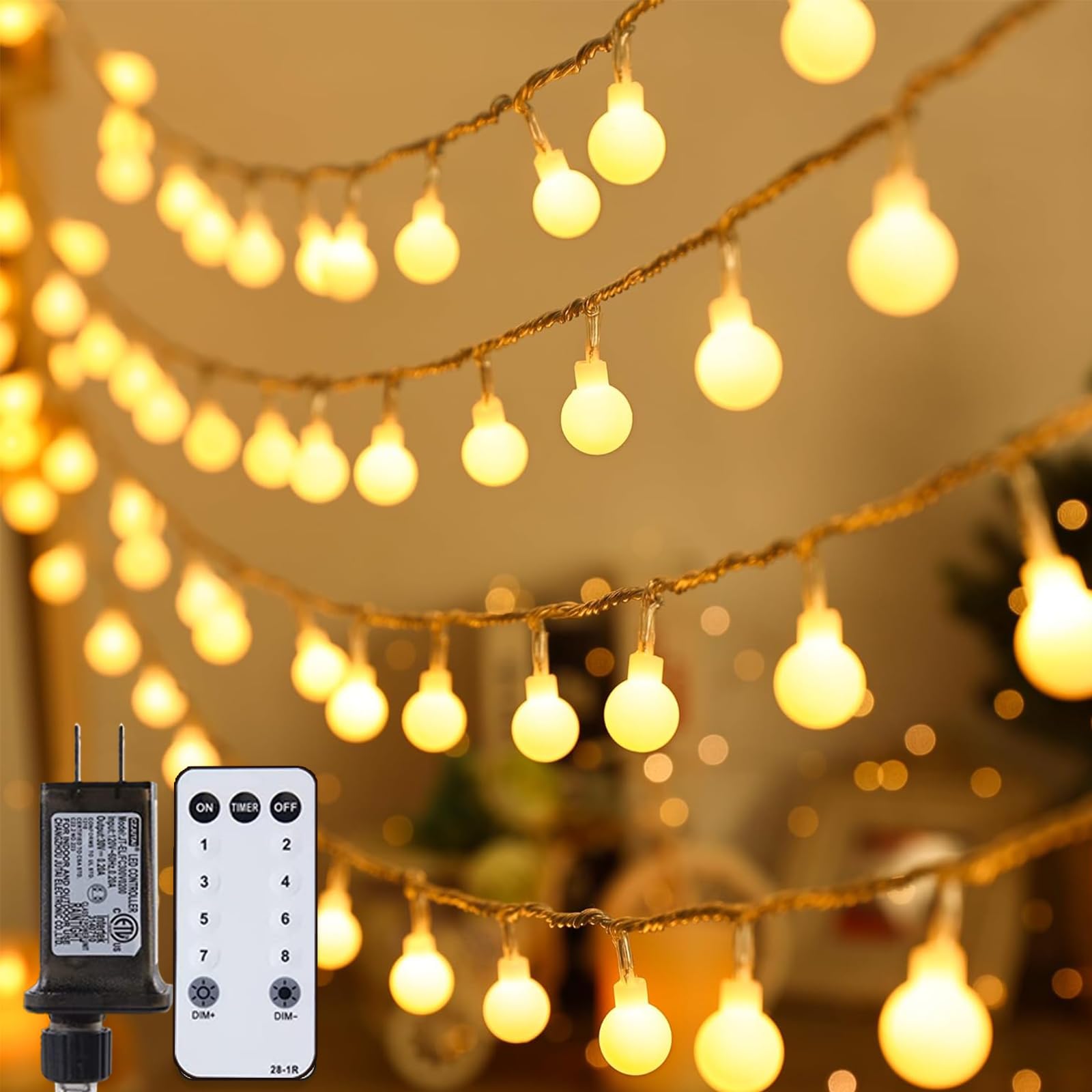 colcutee Globe String Lights Plug in, 33 Feet 100 LED Fairy Lights with Remote Timer, 8 Modes Indoor String Lights for Bedroom Christmas Decorations