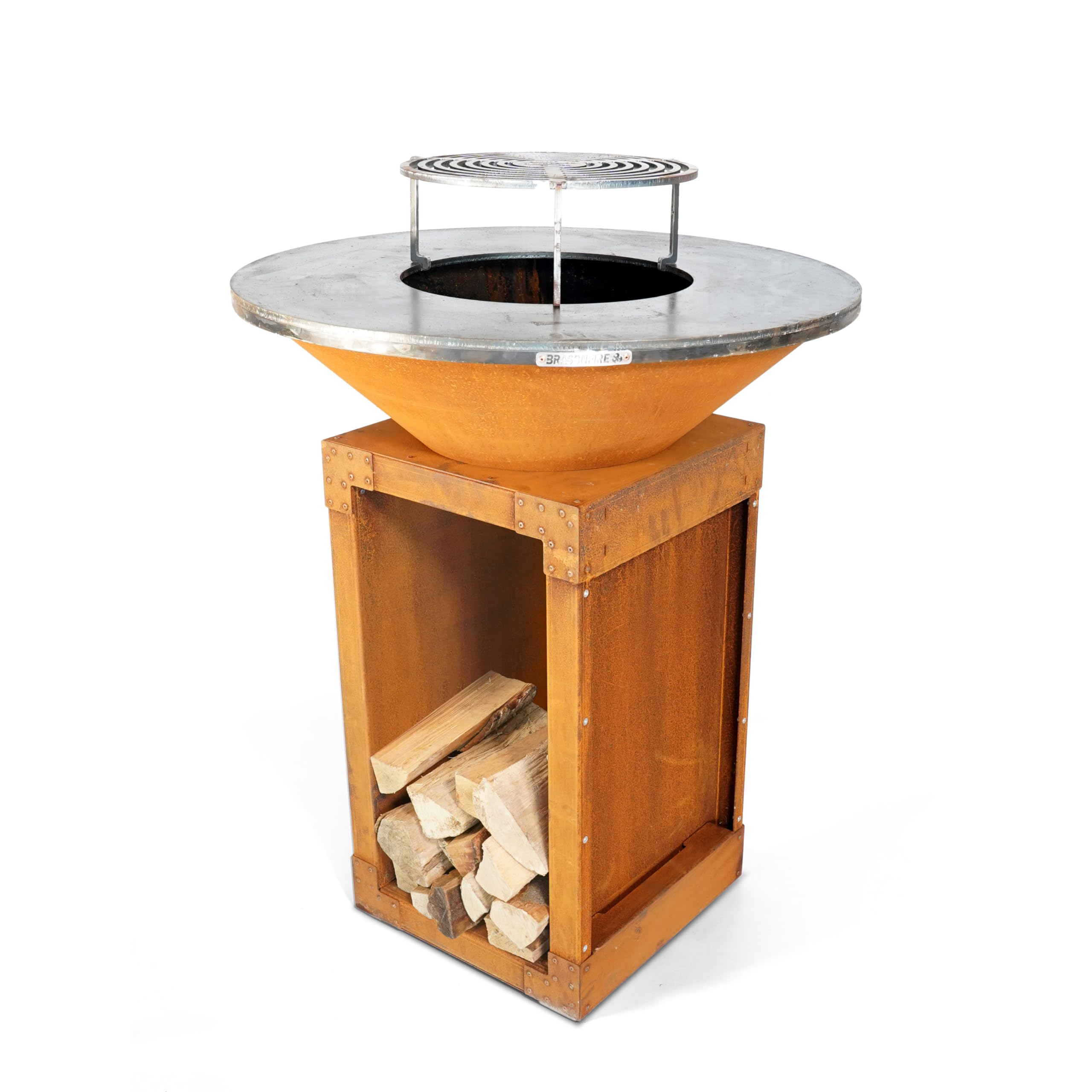 Brasero Plancha Ø 85 cm, 82 KG, Acier Corten, Grille Incluse, Barbecue extérieur à Bois et Accessoires, 100% Fabrication Française