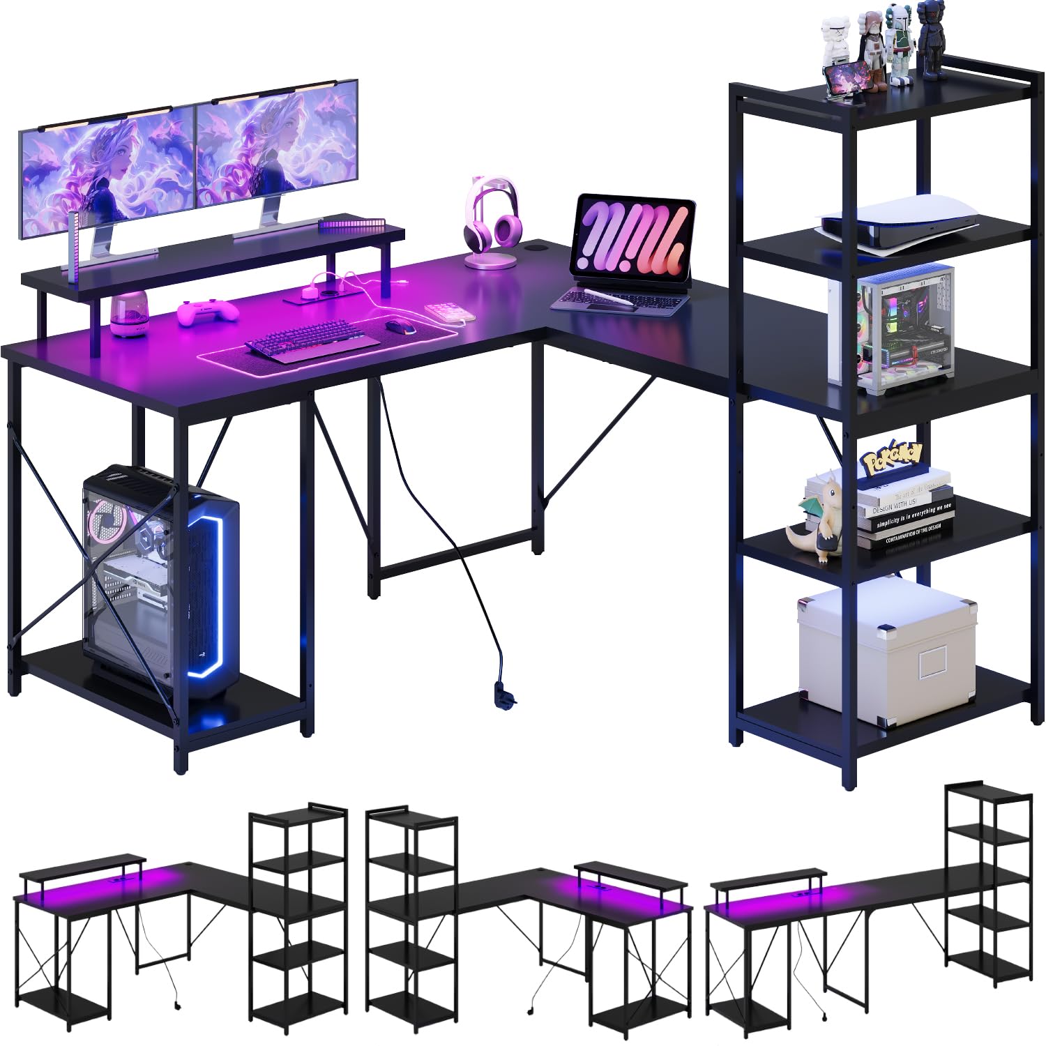 Devoko Escritorio de Esquina 150cm, Escritorio con Estante, Mesa LED Gaming con Soporte de Monitor,Escritorio de Esquina con Almacenamiento,2 Enchufes y 2 Puertos de Carga USB(150×150cm,Negro)