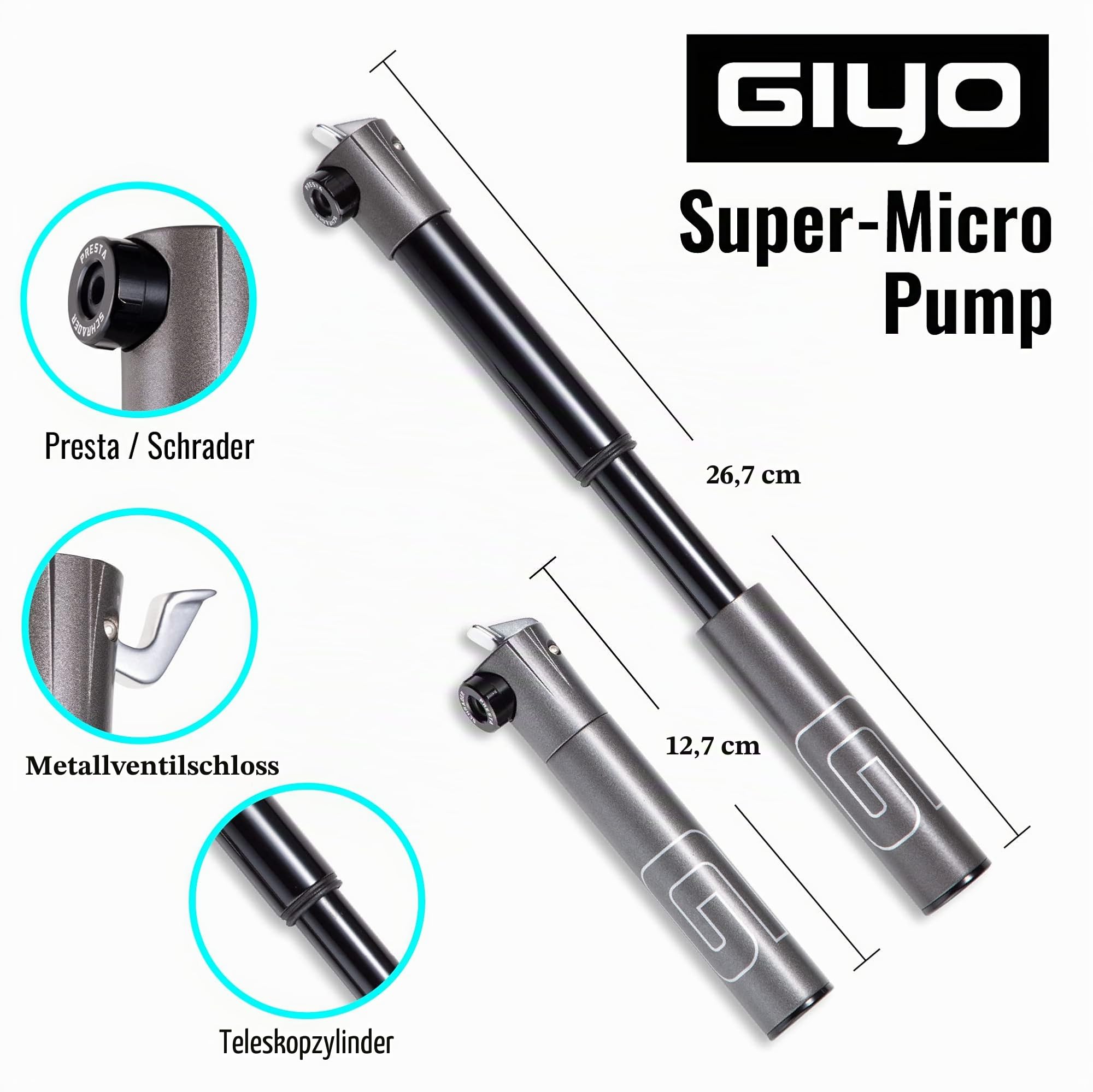 GIYO Super Micro Fahrradreifenpumpe, aus Metall, kleinste Pumpe, erhältlich mit Teleskoppumpe für MTB (80 PSI), hohe Volumen, Presta- und Schrader-Ventil, hergestellt in Taiwan (GM-043LT)