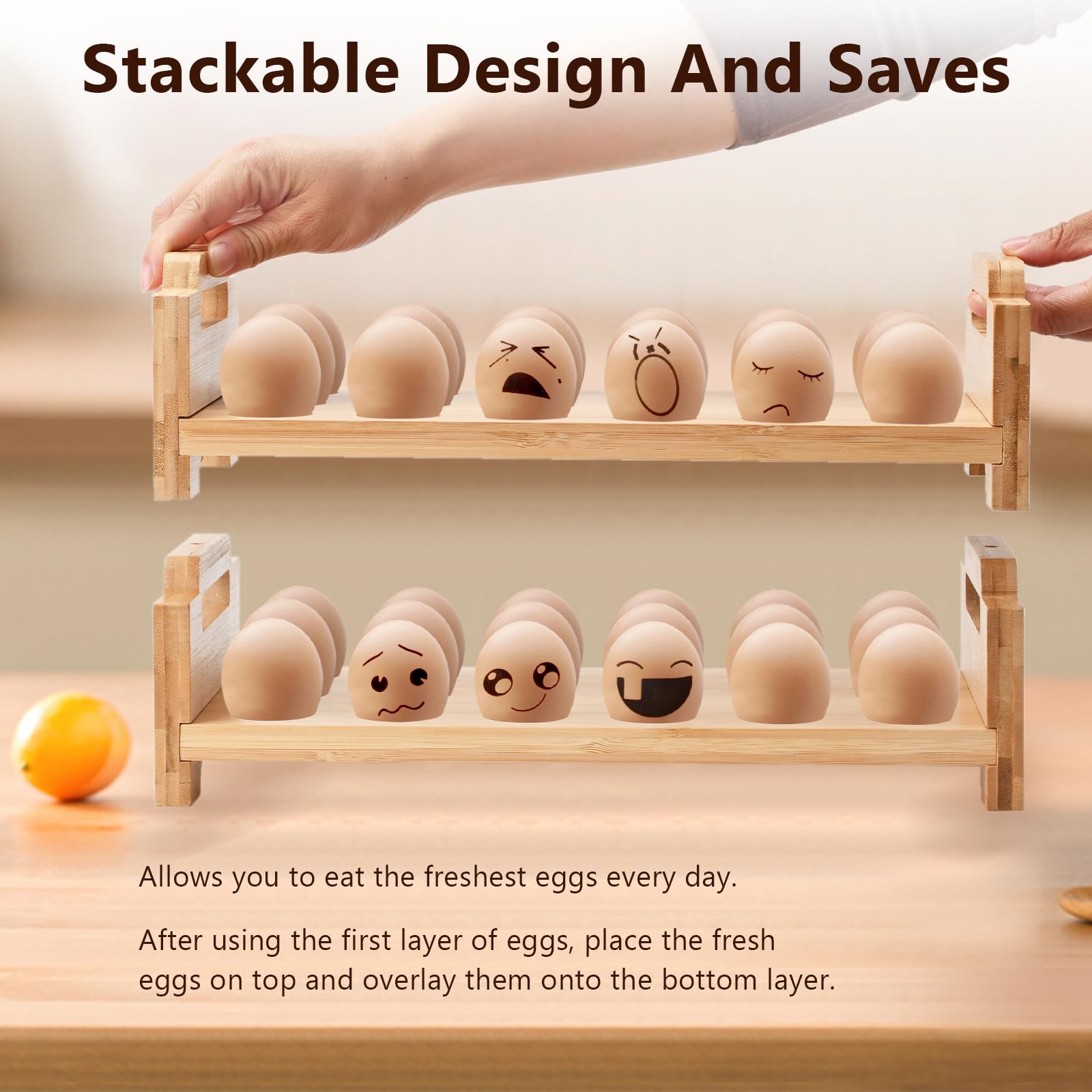 Soporte para huevos de madera de 2 niveles, cesta de huevos para recoger huevos frescos, bandeja de huevos en capas para encimera para 18 huevos, organizador de huevos de nivel para refrigerador de