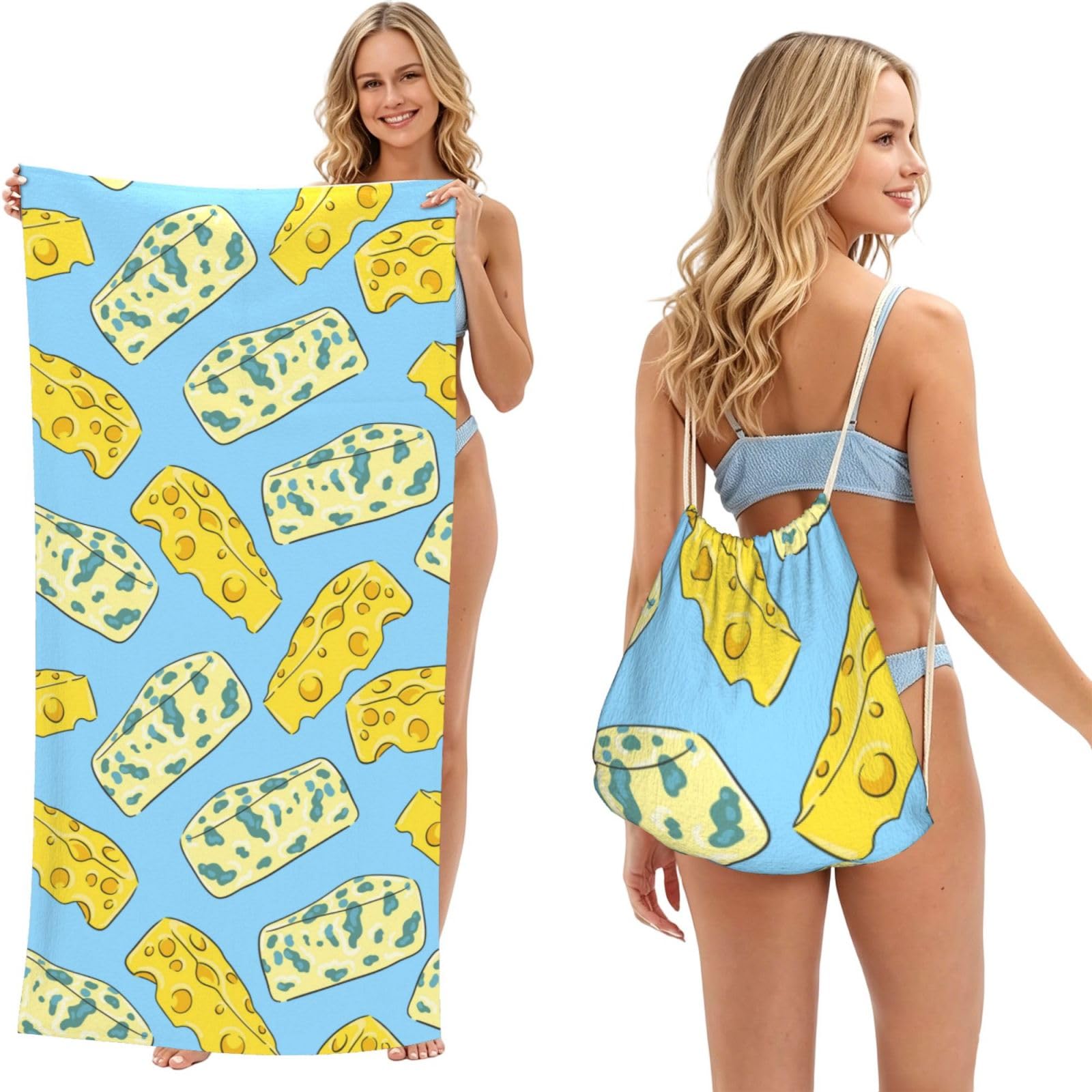 Poadnly As Picture Cheese And Blue Cheese, 2 In 1 Packable Towel Bag, Beach Towels With Drawstring Backpack For Travel Holiday Camping